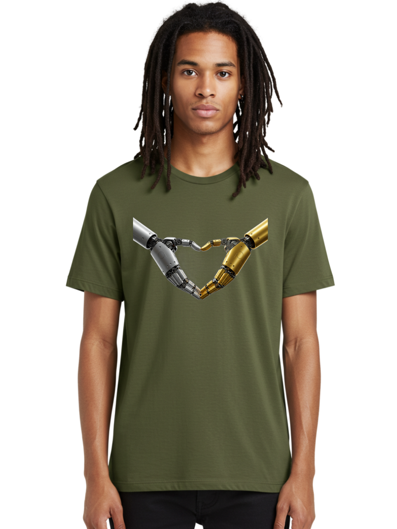 Robotic-Hands Men'S Graphic Tee, 100% Cotton, Comfortable Casual Summer Wear, Machine Washable, Robotic Arms, Mechanical Hands, Artificial Intelligence, Robotic Love, Futuristic Technology, Robotic Connection, Heart Shape Bae080 18