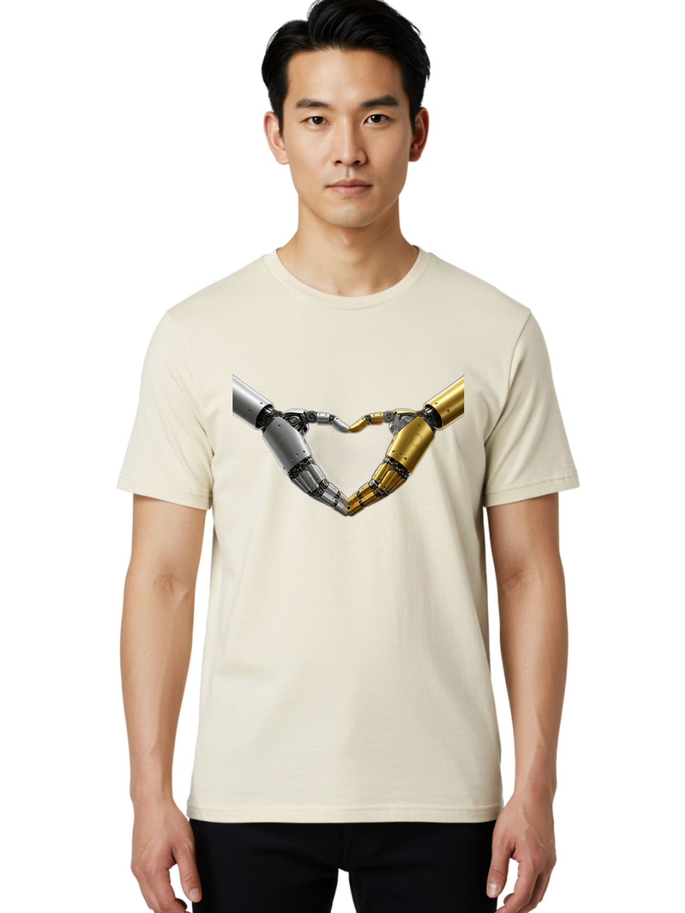Robotic-Hands Men'S Graphic Tee, 100% Cotton, Comfortable Casual Summer Wear, Machine Washable, Robotic Arms, Mechanical Hands, Artificial Intelligence, Robotic Love, Futuristic Technology, Robotic Connection, Heart Shape Bae080 26