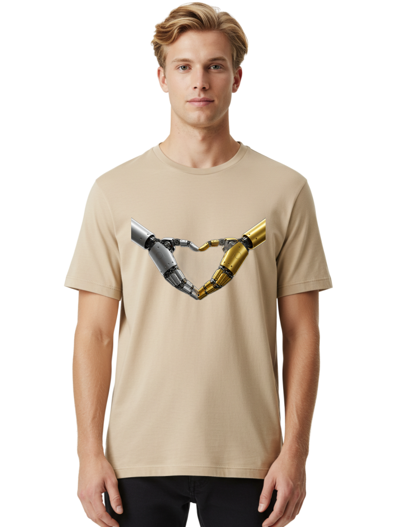 Robotic-Hands Men'S Graphic Tee, 100% Cotton, Comfortable Casual Summer Wear, Machine Washable, Robotic Arms, Mechanical Hands, Artificial Intelligence, Robotic Love, Futuristic Technology, Robotic Connection, Heart Shape Bae080 25