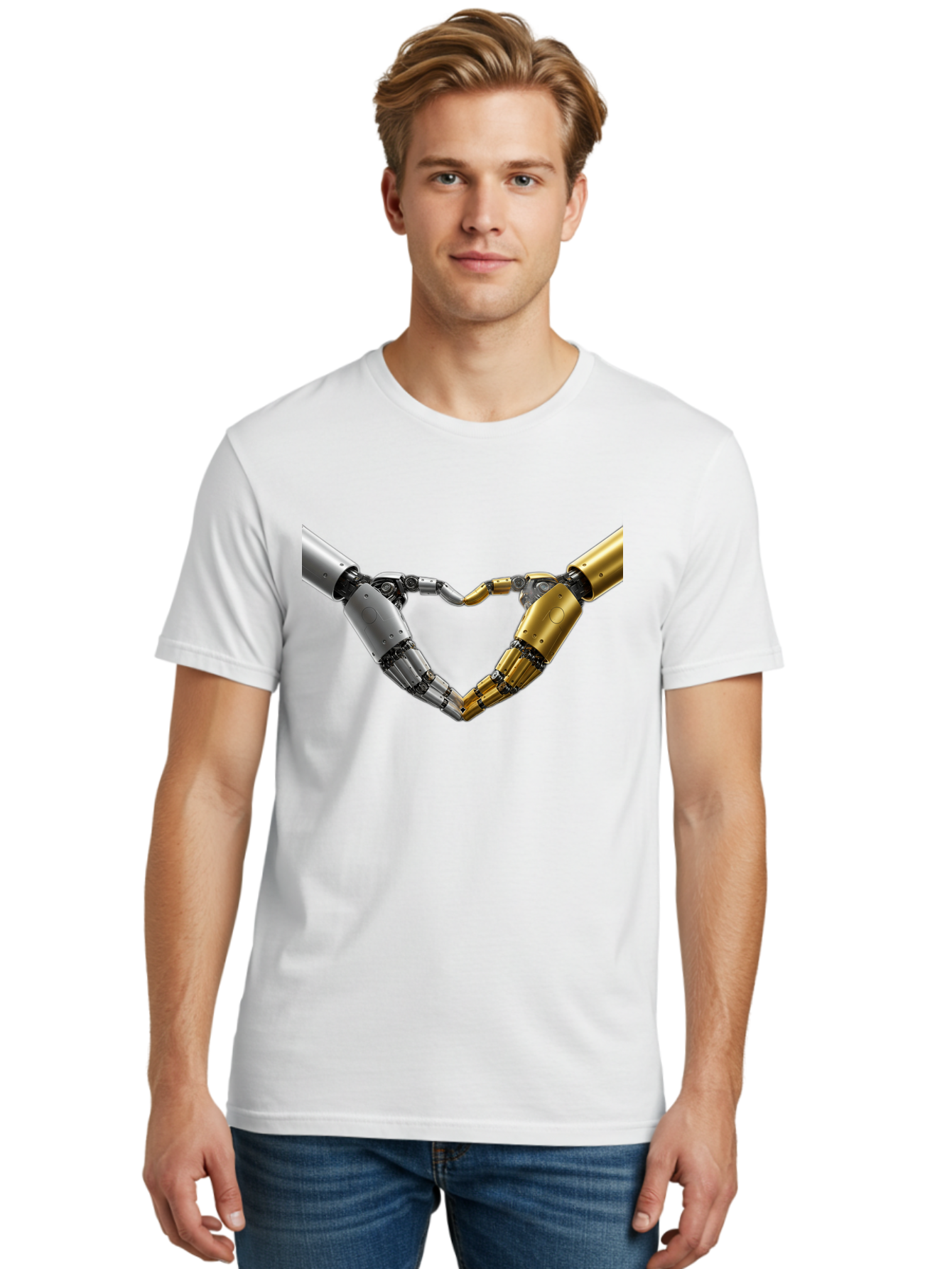 Robotic-Hands Men'S Graphic Tee, 100% Cotton, Comfortable Casual Summer Wear, Machine Washable, Robotic Arms, Mechanical Hands, Artificial Intelligence, Robotic Love, Futuristic Technology, Robotic Connection, Heart Shape Bae080 30
