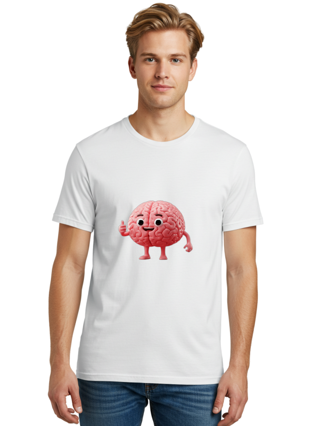 Smiling-Brain Men'S Graphic Tee, 100% Cotton, Comfortable Casual Summer Wear, Machine Washable, Cartoon Brain Character, Human Brain, Funny Illustration, Brain With Face, Thumbs Up Gesture, Smiling Brain, Cognitive Humor, Human Anatomy, Bae101 28