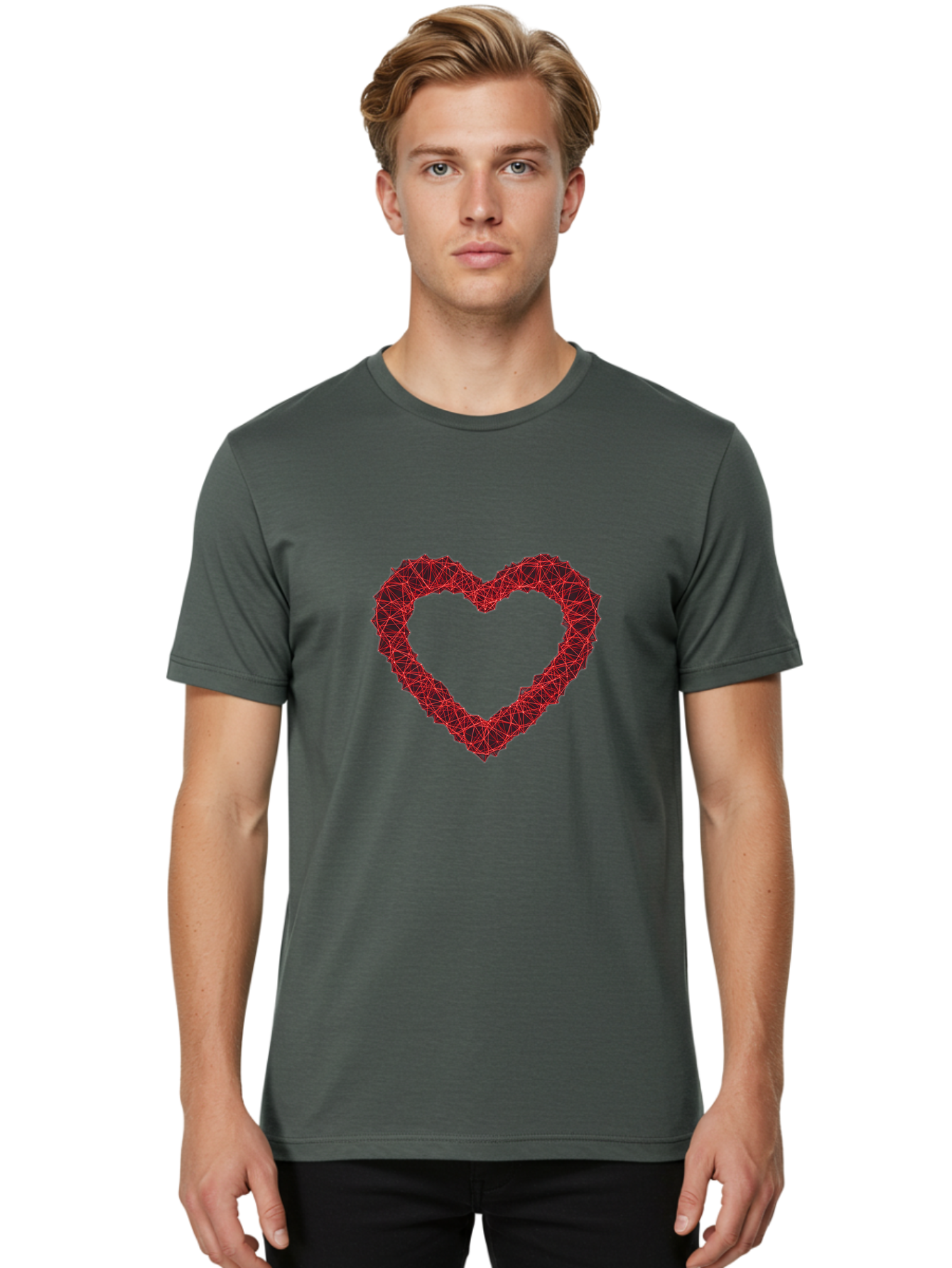 Wireframe-Heart Men'S Graphic Tee, 100% Cotton, Comfortable Casual Summer Wear, Machine Washable, Heart Shape, Red Geometric Pattern, Complex Network, Interconnected Lines, Symbolic Representation, Love, Valentines Day, Abstract Art, Bae109 27