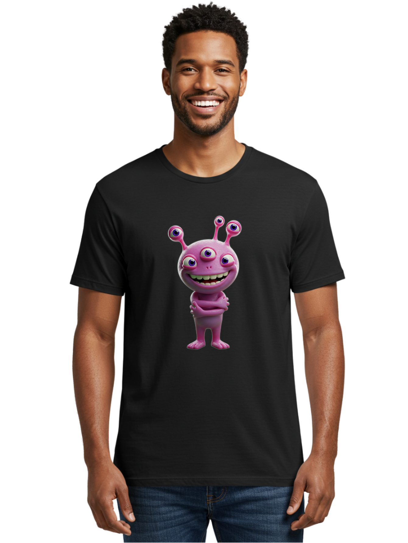 Alien-Character Men'S Graphic Tee, 100% Cotton, Comfortable Casual Summer Wear, Machine Washable, Pink Alien, Cartoon Character, Multiple Eyes, Wide Smile, Playful Vibe, Funny Creature, 3D Illustration, Fantasy Being, Happy Face, Playful Eyes Bae111 21