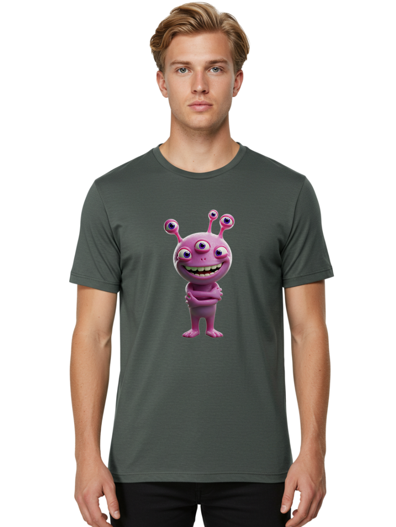 Alien-Character Men'S Graphic Tee, 100% Cotton, Comfortable Casual Summer Wear, Machine Washable, Pink Alien, Cartoon Character, Multiple Eyes, Wide Smile, Playful Vibe, Funny Creature, 3D Illustration, Fantasy Being, Happy Face, Playful Eyes Bae111 24