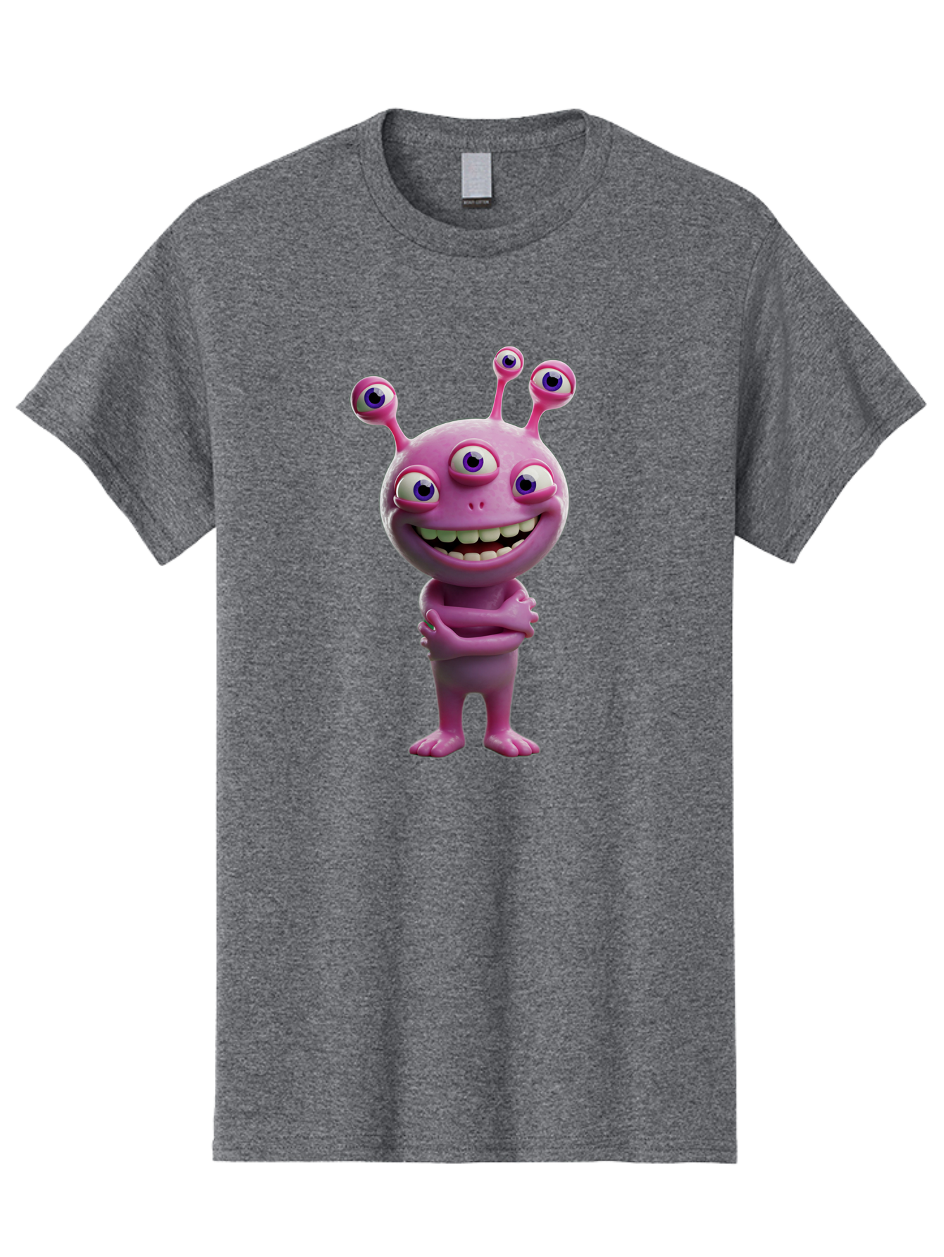 Alien-Character Men'S Graphic Tee, 100% Cotton, Comfortable Casual Summer Wear, Machine Washable, Pink Alien, Cartoon Character, Multiple Eyes, Wide Smile, Playful Vibe, Funny Creature, 3D Illustration, Fantasy Being, Happy Face, Playful Eyes Bae111 4