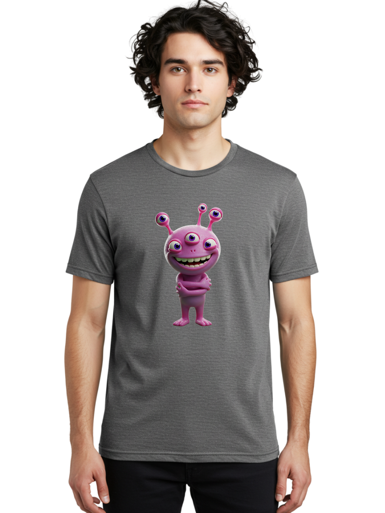 Alien-Character Men'S Graphic Tee, 100% Cotton, Comfortable Casual Summer Wear, Machine Washable, Pink Alien, Cartoon Character, Multiple Eyes, Wide Smile, Playful Vibe, Funny Creature, 3D Illustration, Fantasy Being, Happy Face, Playful Eyes Bae111 19