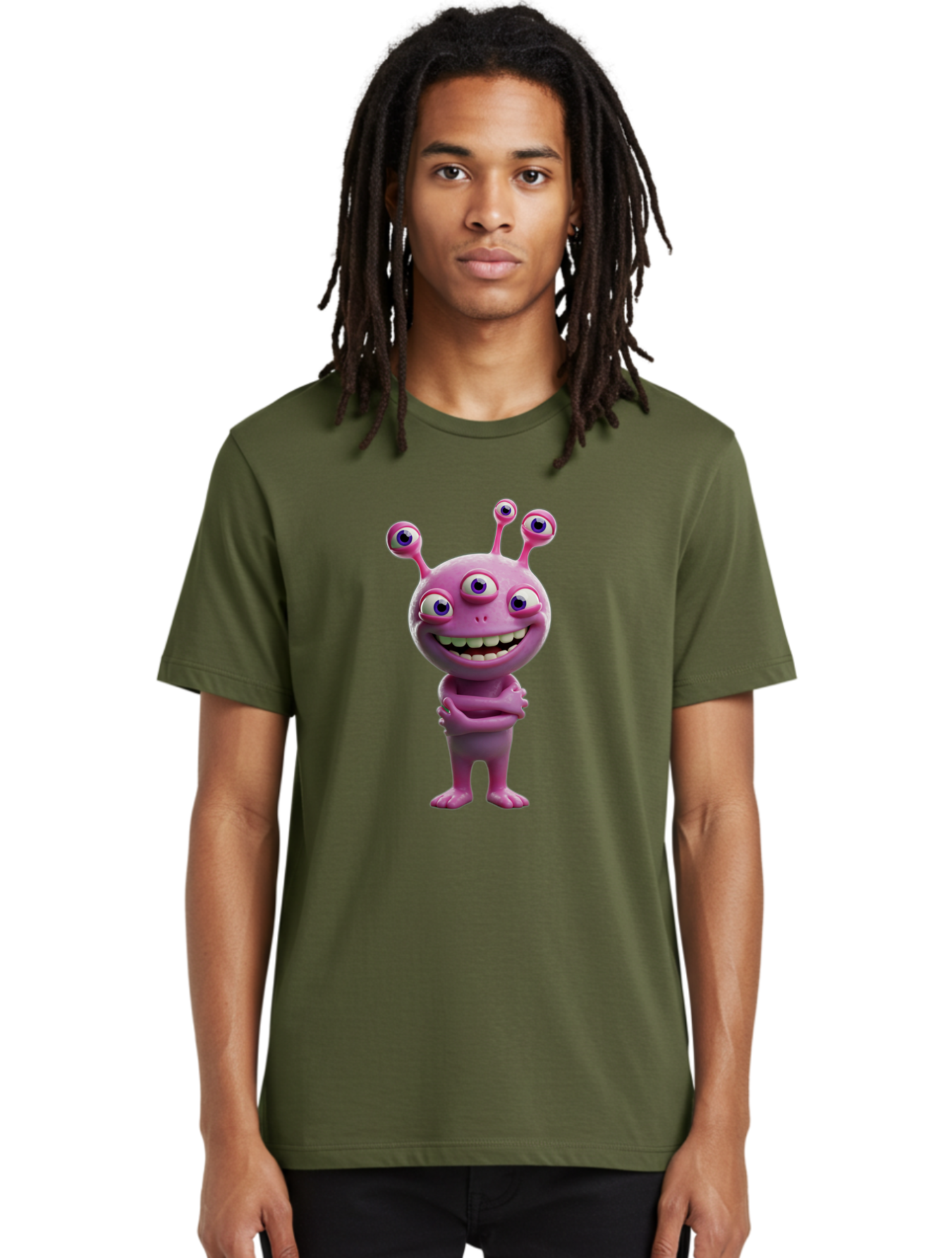 Alien-Character Men'S Graphic Tee, 100% Cotton, Comfortable Casual Summer Wear, Machine Washable, Pink Alien, Cartoon Character, Multiple Eyes, Wide Smile, Playful Vibe, Funny Creature, 3D Illustration, Fantasy Being, Happy Face, Playful Eyes Bae111 28