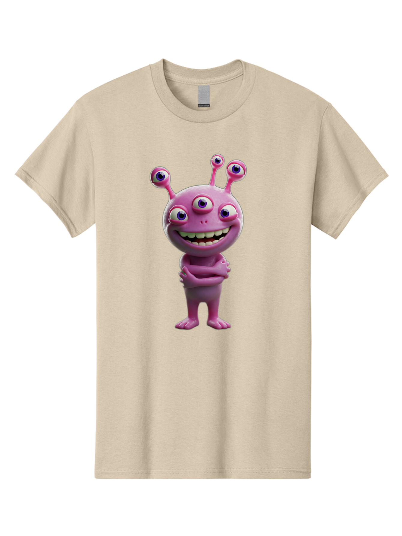 Alien-Character Men'S Graphic Tee, 100% Cotton, Comfortable Casual Summer Wear, Machine Washable, Pink Alien, Cartoon Character, Multiple Eyes, Wide Smile, Playful Vibe, Funny Creature, 3D Illustration, Fantasy Being, Happy Face, Playful Eyes Bae111 7