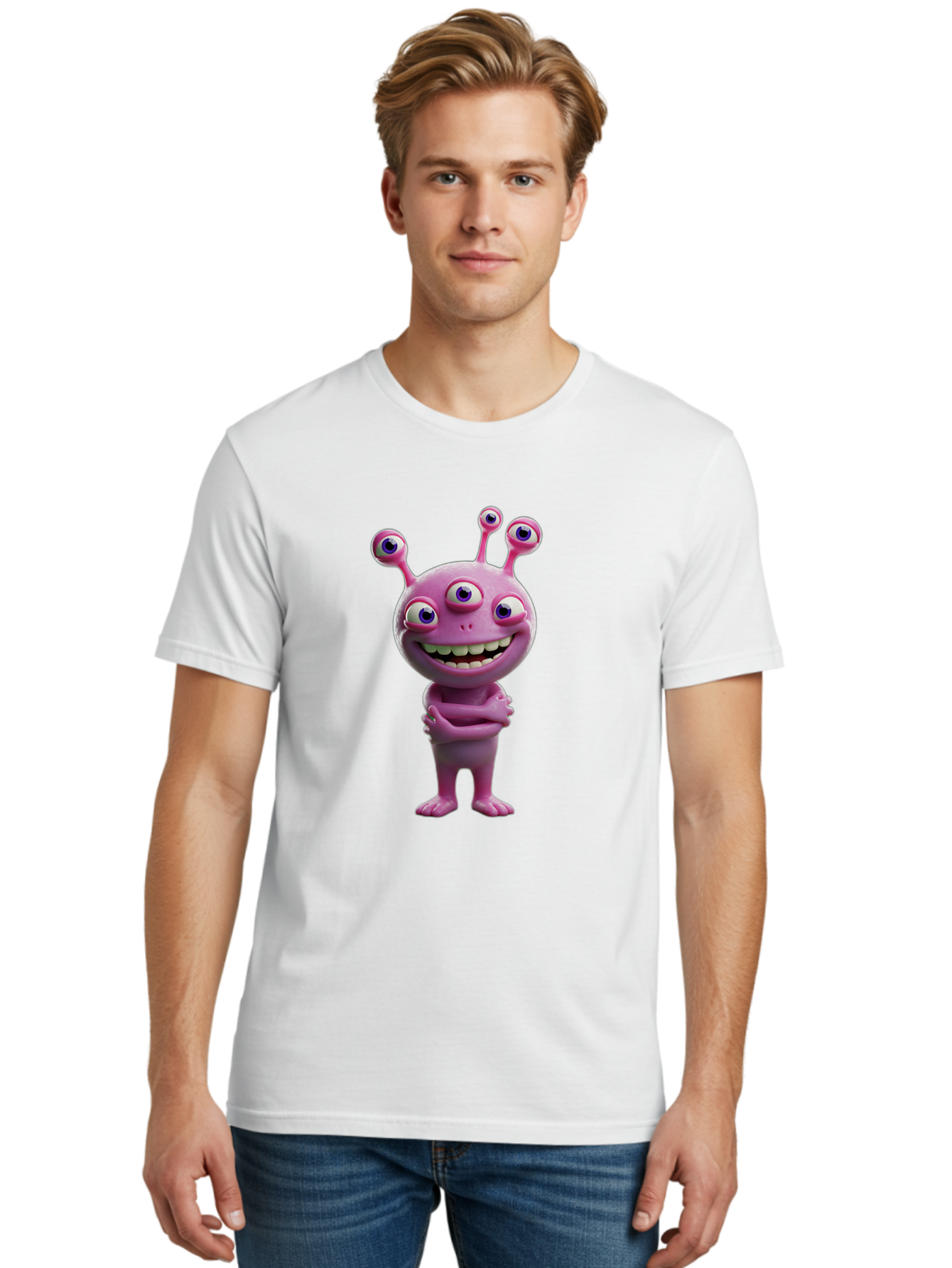 Alien-Character Men'S Graphic Tee, 100% Cotton, Comfortable Casual Summer Wear, Machine Washable, Pink Alien, Cartoon Character, Multiple Eyes, Wide Smile, Playful Vibe, Funny Creature, 3D Illustration, Fantasy Being, Happy Face, Playful Eyes Bae111 30