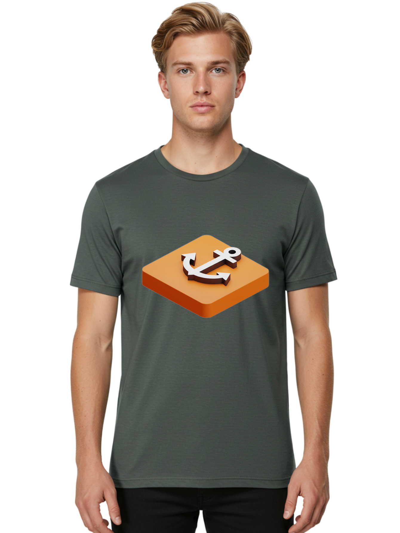 Anchor-1 Men'S Graphic Tee, 100% Cotton, Comfortable Casual Summer Wear, Machine Washable, 3D Anchor Icon, Orange Square Base, Nautical Symbol, Maritime Emblem, Stability And Strength, Modern Design, Digital Graphic Bae113 23