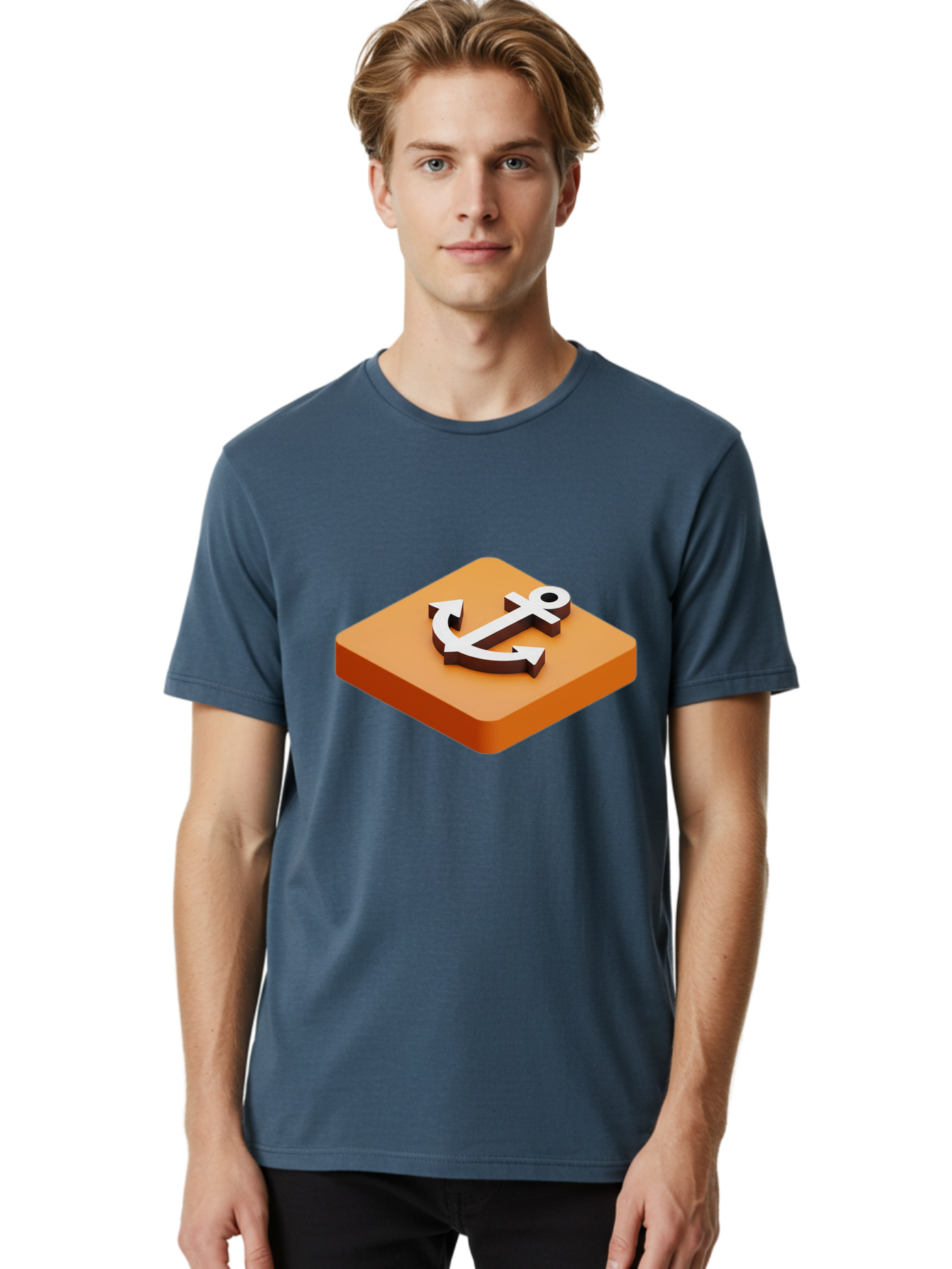 Anchor-1 Men'S Graphic Tee, 100% Cotton, Comfortable Casual Summer Wear, Machine Washable, 3D Anchor Icon, Orange Square Base, Nautical Symbol, Maritime Emblem, Stability And Strength, Modern Design, Digital Graphic Bae113 26