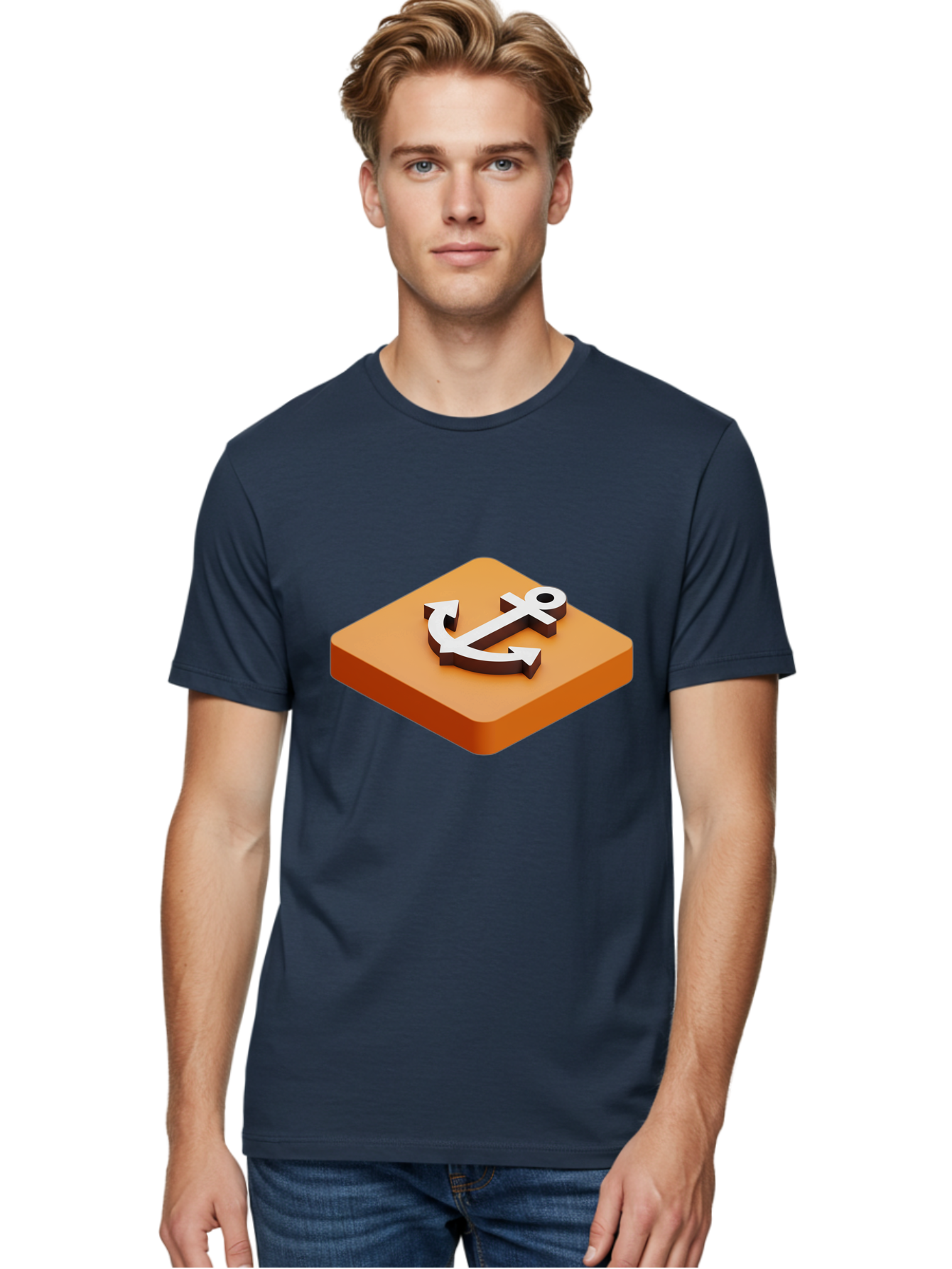 Anchor-1 Men'S Graphic Tee, 100% Cotton, Comfortable Casual Summer Wear, Machine Washable, 3D Anchor Icon, Orange Square Base, Nautical Symbol, Maritime Emblem, Stability And Strength, Modern Design, Digital Graphic Bae113 21