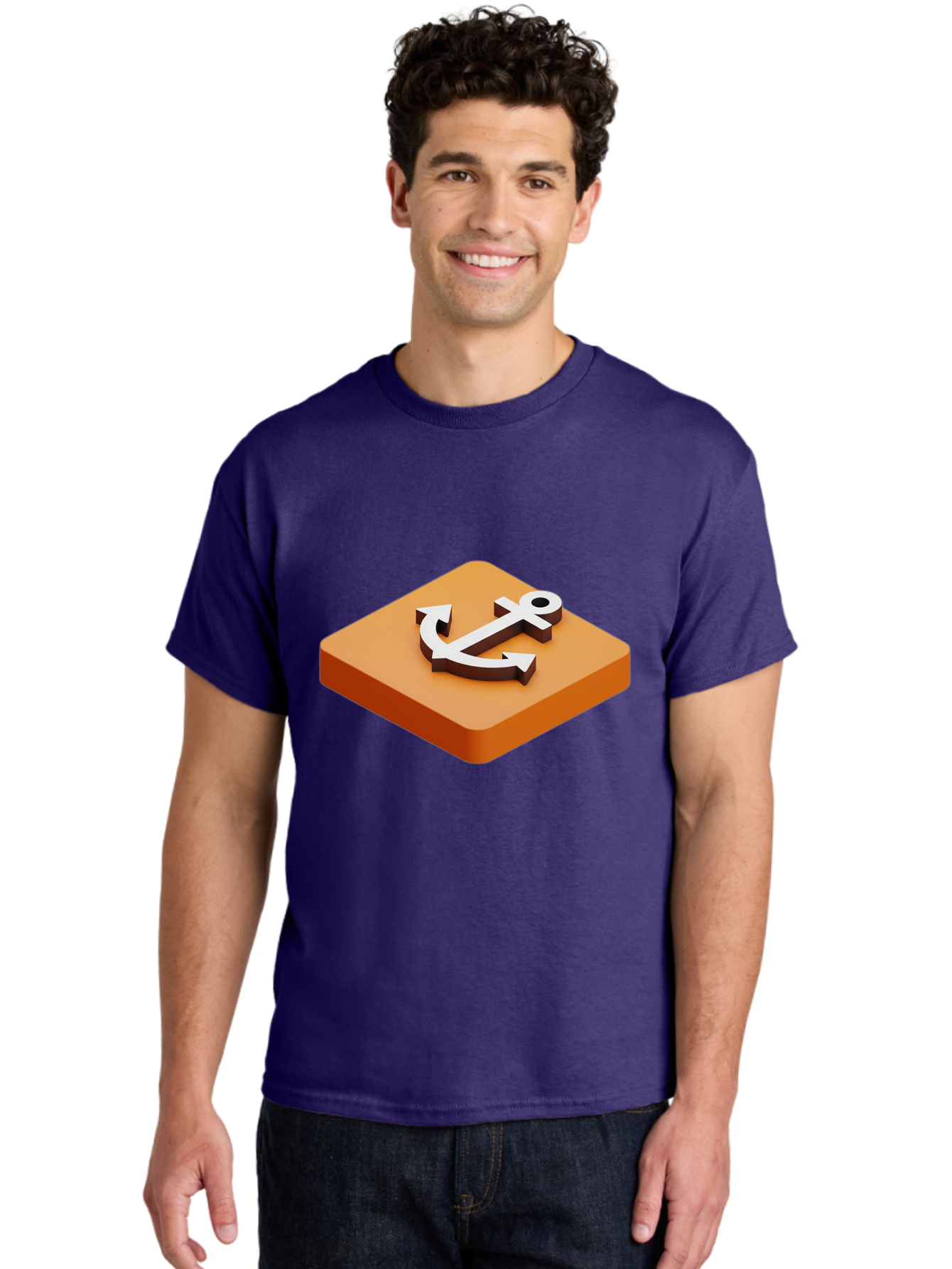 Anchor-1 Men'S Graphic Tee, 100% Cotton, Comfortable Casual Summer Wear, Machine Washable, 3D Anchor Icon, Orange Square Base, Nautical Symbol, Maritime Emblem, Stability And Strength, Modern Design, Digital Graphic Bae113 30