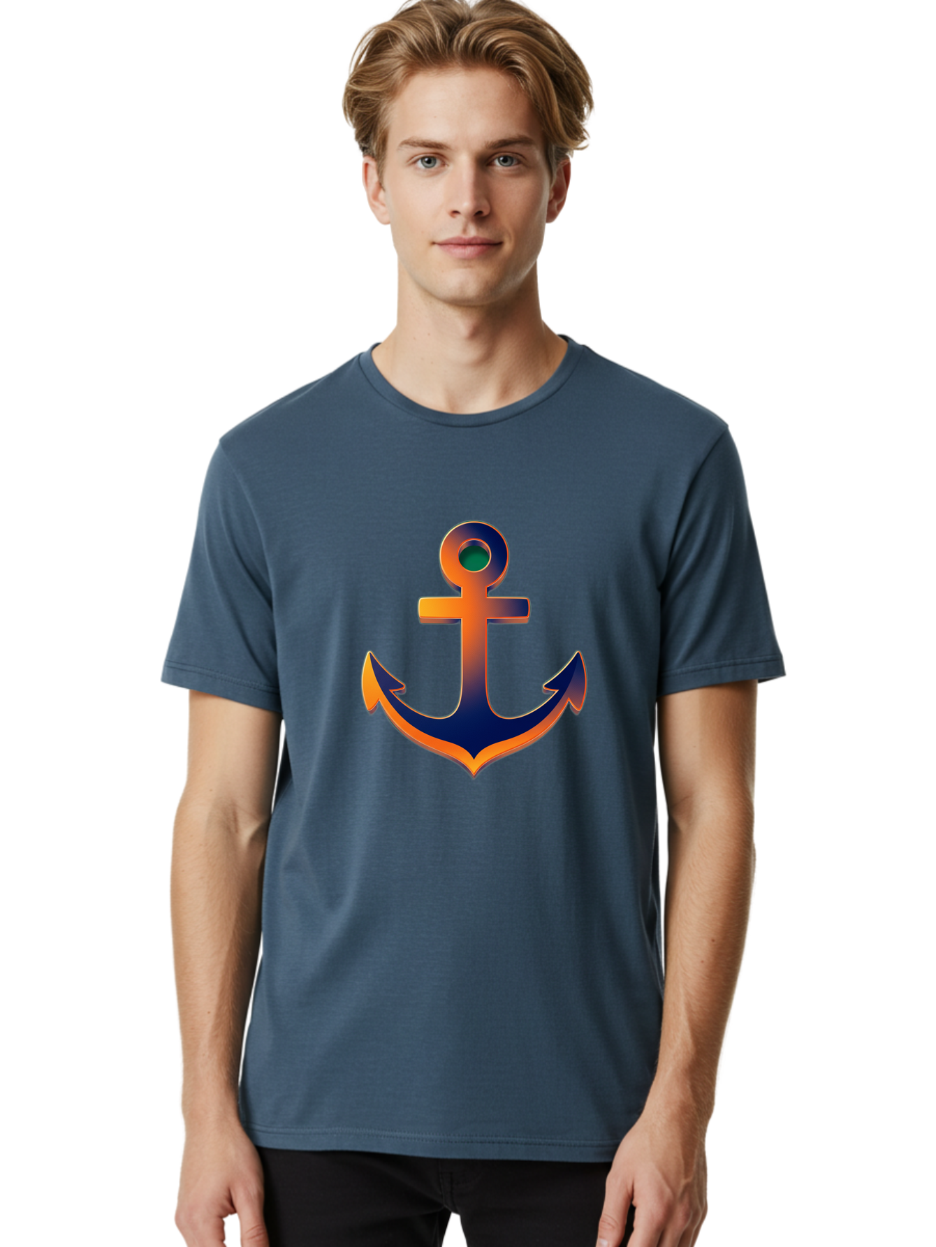 Anchor Men'S Graphic Tee, 100% Cotton, Comfortable Casual Summer Wear, Machine Washable, Anchor Symbol, Nautical Theme, Navy Blue And Orange Gradient, 3D Effect, Maritime Icon, Bold Design, Gradient Colors, Anchor Illustration Bae114 26