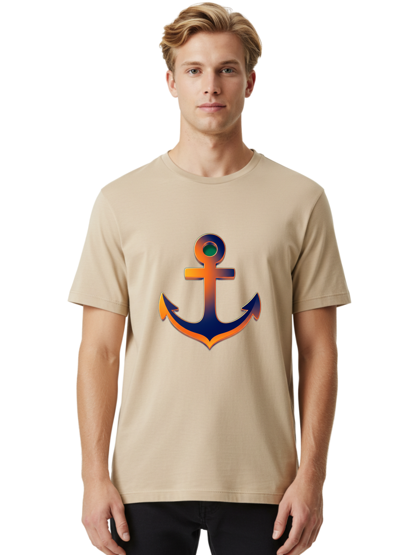 Anchor Men'S Graphic Tee, 100% Cotton, Comfortable Casual Summer Wear, Machine Washable, Anchor Symbol, Nautical Theme, Navy Blue And Orange Gradient, 3D Effect, Maritime Icon, Bold Design, Gradient Colors, Anchor Illustration Bae114 28