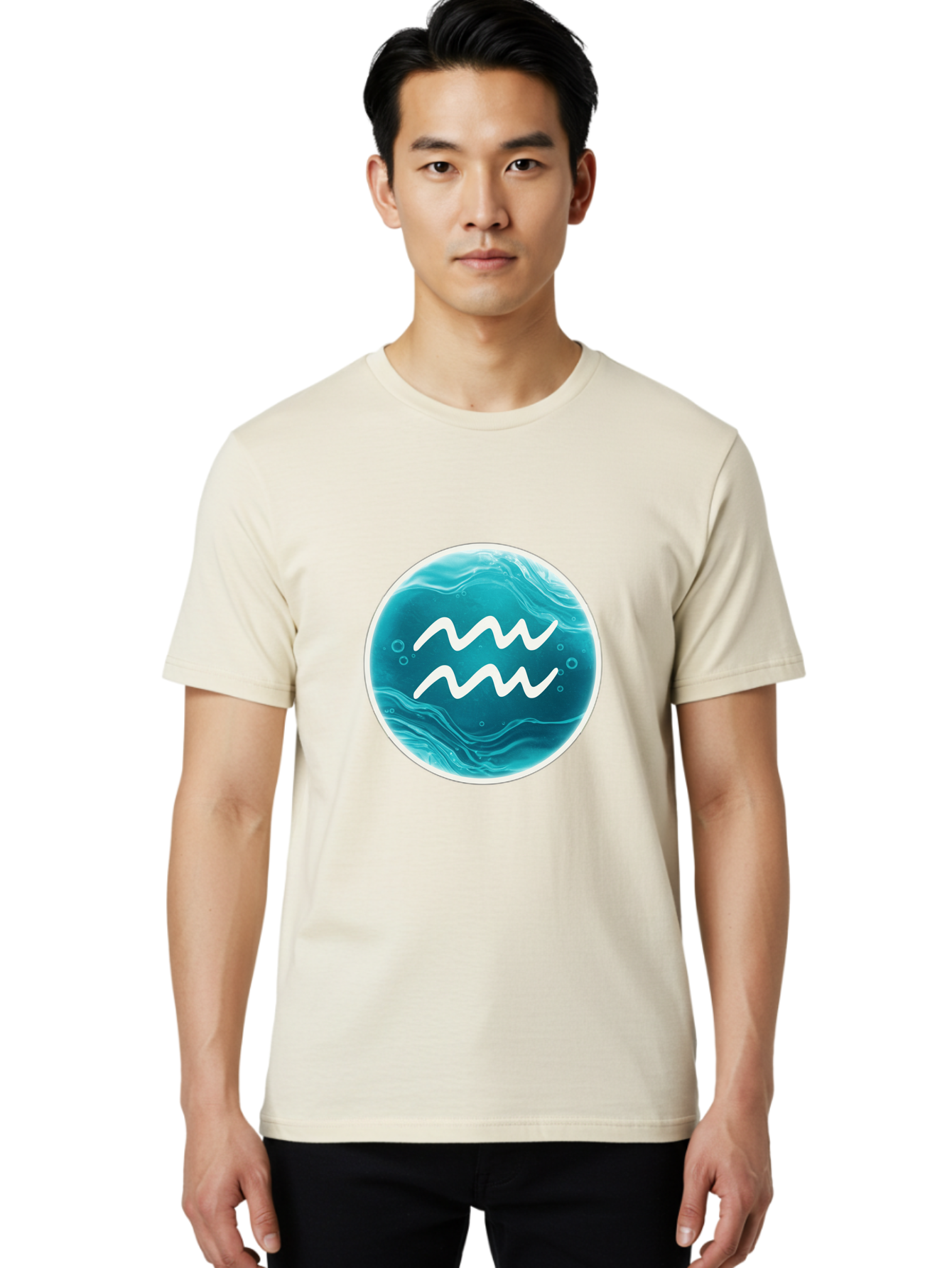 Aquarius Men'S Graphic Tee, 100% Cotton, Comfortable Casual Summer Wear, Machine Washable, Zodiac Symbol, Water Bearer Sign, Astrology Symbol, Aquarius Symbol, White Waves, Blue Circle, Mystical Design, Esoteric Art Bae115 24