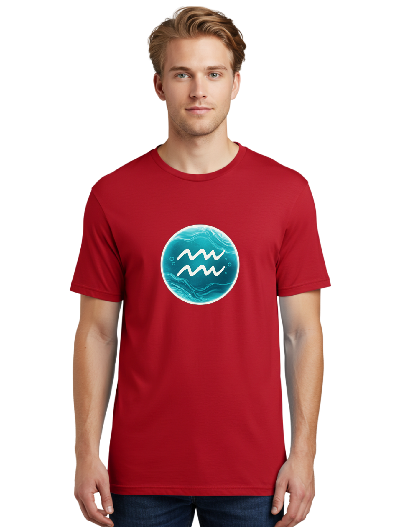 Aquarius Men'S Graphic Tee, 100% Cotton, Comfortable Casual Summer Wear, Machine Washable, Zodiac Symbol, Water Bearer Sign, Astrology Symbol, Aquarius Symbol, White Waves, Blue Circle, Mystical Design, Esoteric Art Bae115 26