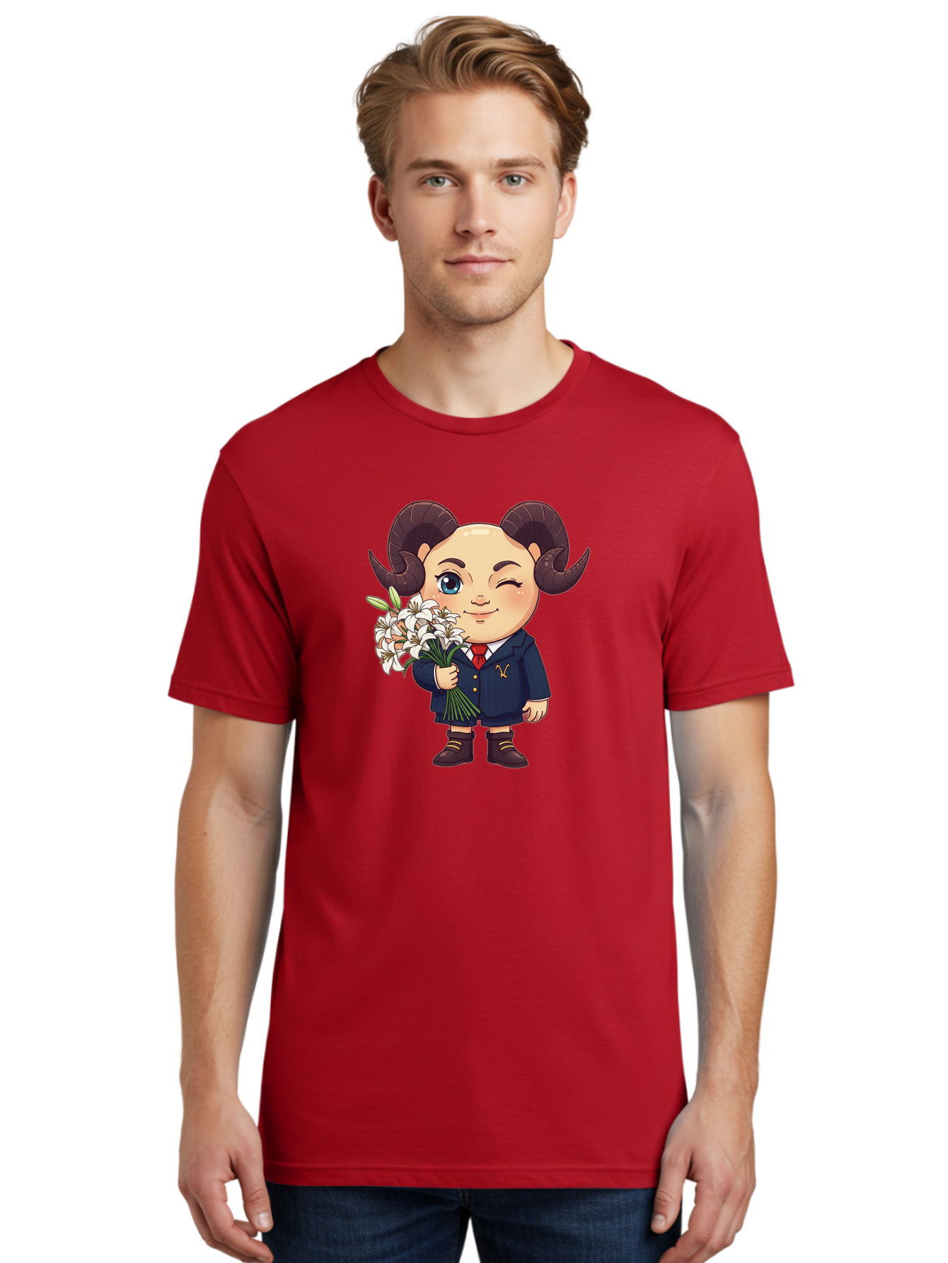 Aries-Zodiac-Cartoon-Character Men'S Graphic Tee, 100% Cotton, Comfortable Casual Summer Wear, Machine Washable, Cartoon Aries Character, Formal Attire, Bouquet Of White Flowers, Astrology Symbol, Zodiac Sign, Unique Illustration, Bae117 30
