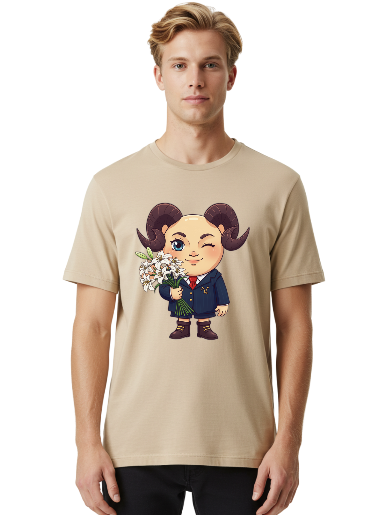 Aries-Zodiac-Cartoon-Character Men'S Graphic Tee, 100% Cotton, Comfortable Casual Summer Wear, Machine Washable, Cartoon Aries Character, Formal Attire, Bouquet Of White Flowers, Astrology Symbol, Zodiac Sign, Unique Illustration, Bae117 24