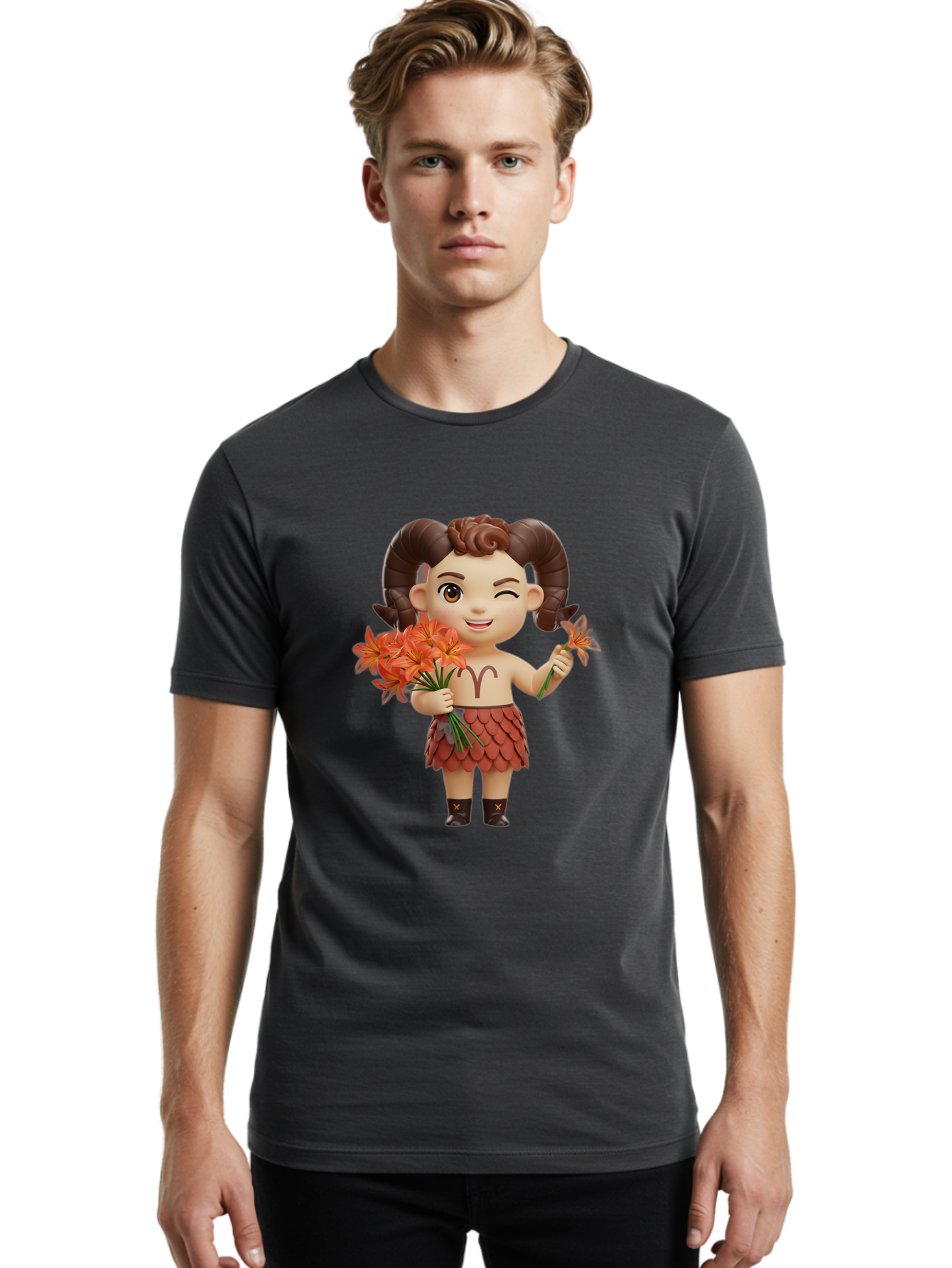 Aries-Zodiac-Character Men'S Graphic Tee, 100% Cotton, Comfortable Casual Summer Wear, Machine Washable, Cartoon Aries Zodiac Sign, Ram Horns, Astrology Symbol, Orange Flowers, Floral Arrangement, Zodiac Character Design, Fantasy Creature, Bae118 20