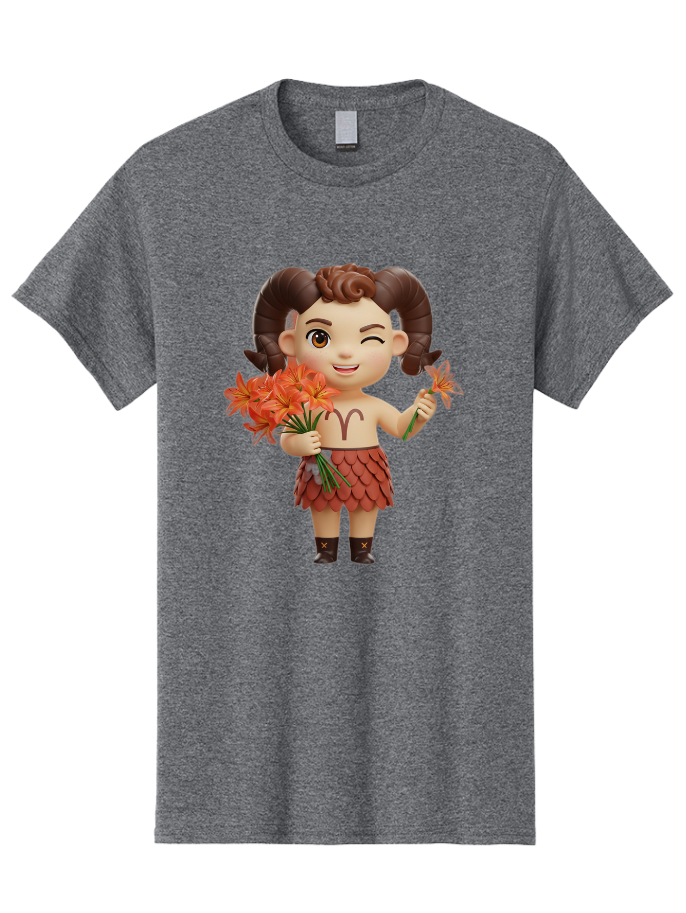 Aries-Zodiac-Character Men'S Graphic Tee, 100% Cotton, Comfortable Casual Summer Wear, Machine Washable, Cartoon Aries Zodiac Sign, Ram Horns, Astrology Symbol, Orange Flowers, Floral Arrangement, Zodiac Character Design, Fantasy Creature, Bae118 2
