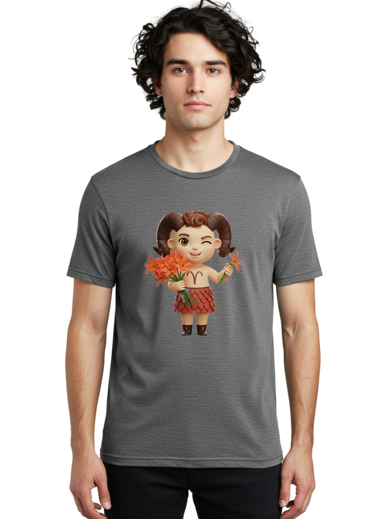 Aries-Zodiac-Character Men'S Graphic Tee, 100% Cotton, Comfortable Casual Summer Wear, Machine Washable, Cartoon Aries Zodiac Sign, Ram Horns, Astrology Symbol, Orange Flowers, Floral Arrangement, Zodiac Character Design, Fantasy Creature, Bae118 17
