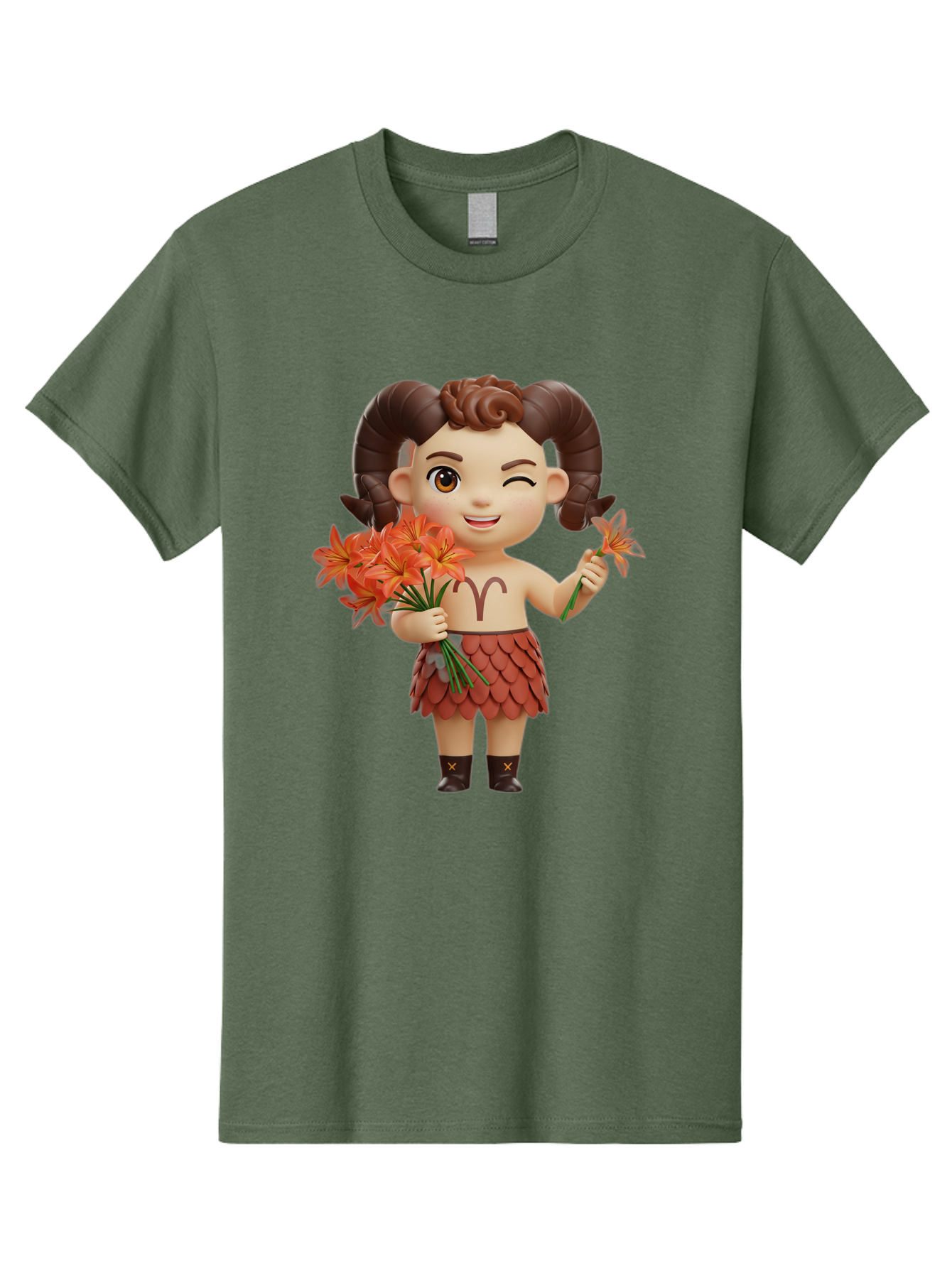 Aries-Zodiac-Character Men'S Graphic Tee, 100% Cotton, Comfortable Casual Summer Wear, Machine Washable, Cartoon Aries Zodiac Sign, Ram Horns, Astrology Symbol, Orange Flowers, Floral Arrangement, Zodiac Character Design, Fantasy Creature, Bae118 13