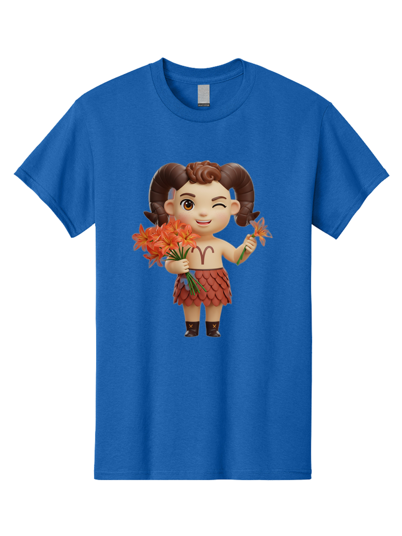 Aries-Zodiac-Character Men'S Graphic Tee, 100% Cotton, Comfortable Casual Summer Wear, Machine Washable, Cartoon Aries Zodiac Sign, Ram Horns, Astrology Symbol, Orange Flowers, Floral Arrangement, Zodiac Character Design, Fantasy Creature, Bae118 1