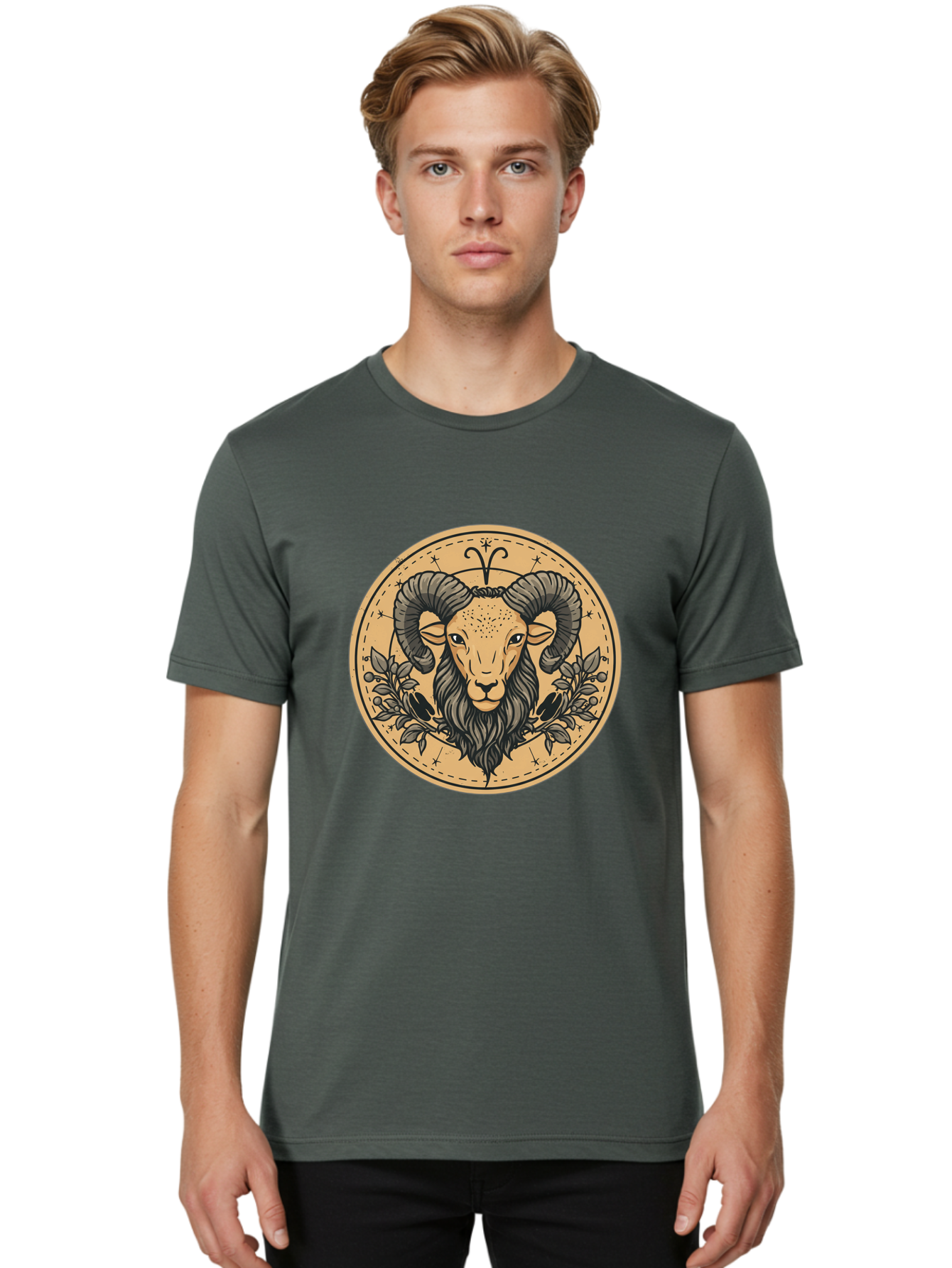 Aries-Zodiac-Sign-1 Men'S Graphic Tee, 100% Cotton, Comfortable Casual Summer Wear, Machine Washable, Aries Zodiac Sign, Ram Symbol, Astrological Illustration, Black And Beige Design, Floral Elements, Stars And Constellations, Bae119 28