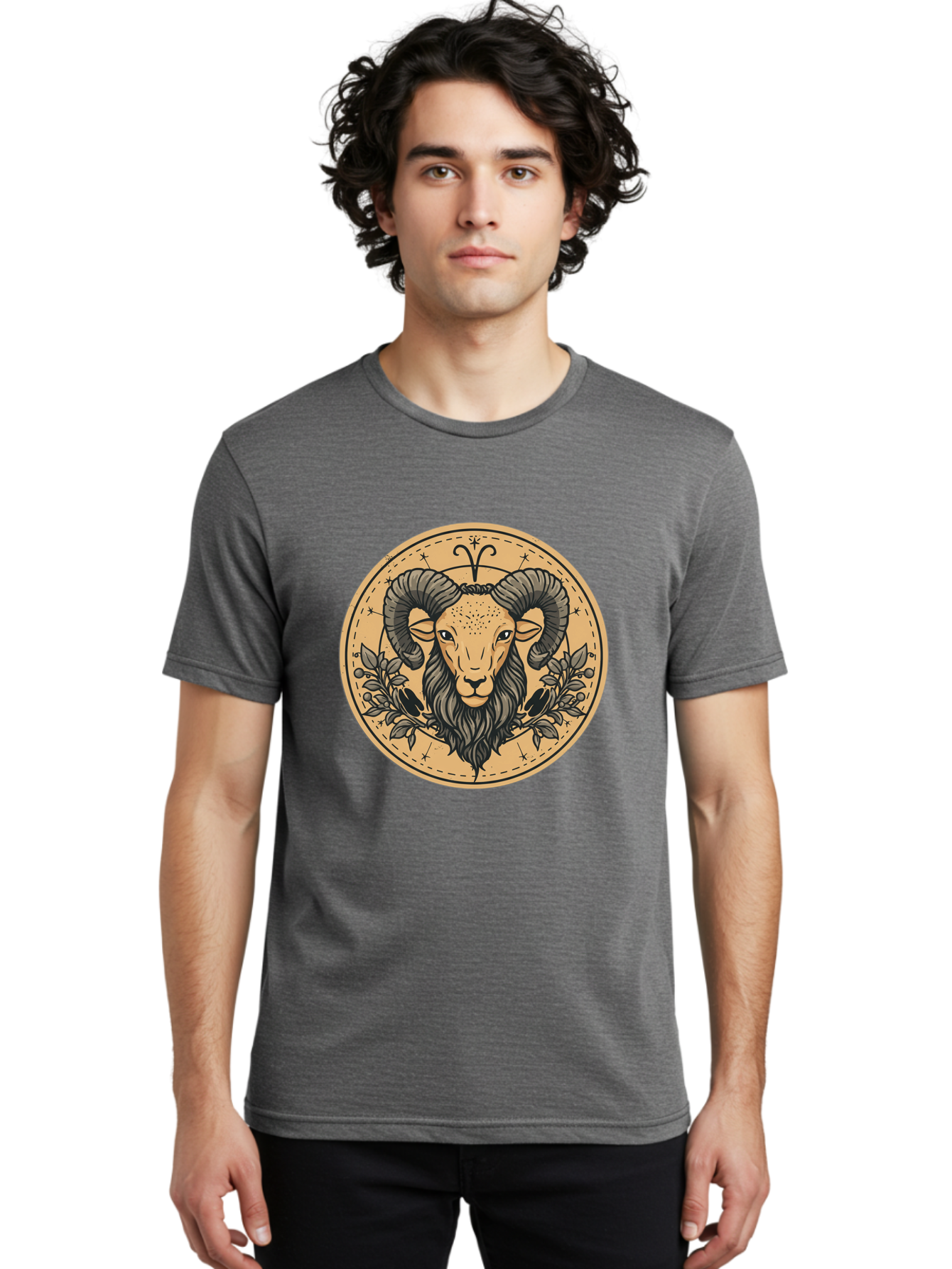 Aries-Zodiac-Sign-1 Men'S Graphic Tee, 100% Cotton, Comfortable Casual Summer Wear, Machine Washable, Aries Zodiac Sign, Ram Symbol, Astrological Illustration, Black And Beige Design, Floral Elements, Stars And Constellations, Bae119 20