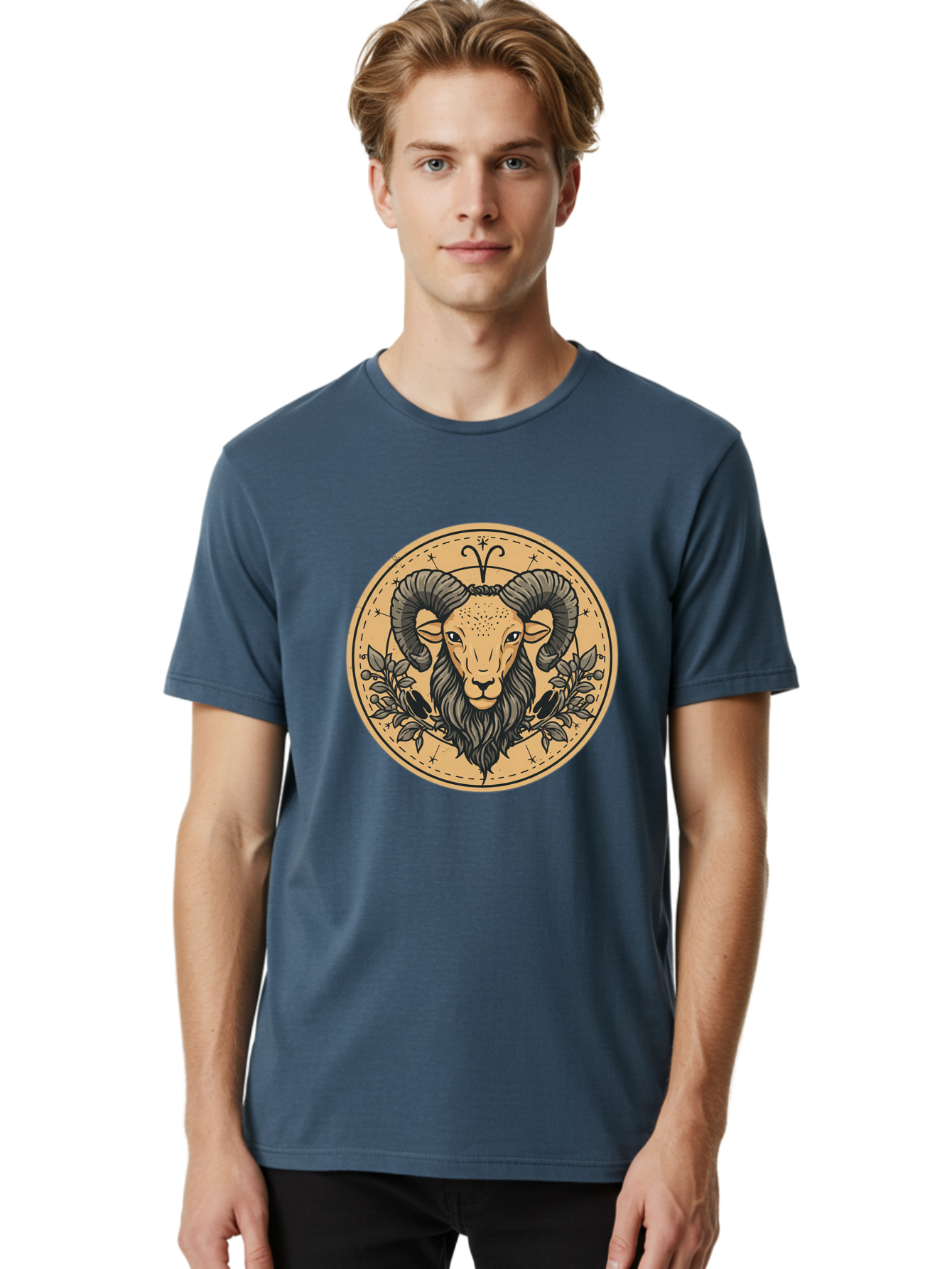Aries-Zodiac-Sign-1 Men'S Graphic Tee, 100% Cotton, Comfortable Casual Summer Wear, Machine Washable, Aries Zodiac Sign, Ram Symbol, Astrological Illustration, Black And Beige Design, Floral Elements, Stars And Constellations, Bae119 29