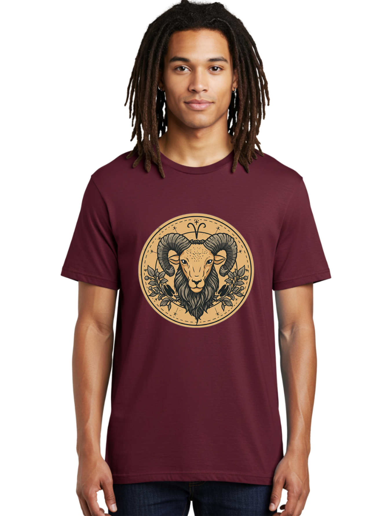 Aries-Zodiac-Sign-1 Men'S Graphic Tee, 100% Cotton, Comfortable Casual Summer Wear, Machine Washable, Aries Zodiac Sign, Ram Symbol, Astrological Illustration, Black And Beige Design, Floral Elements, Stars And Constellations, Bae119 19