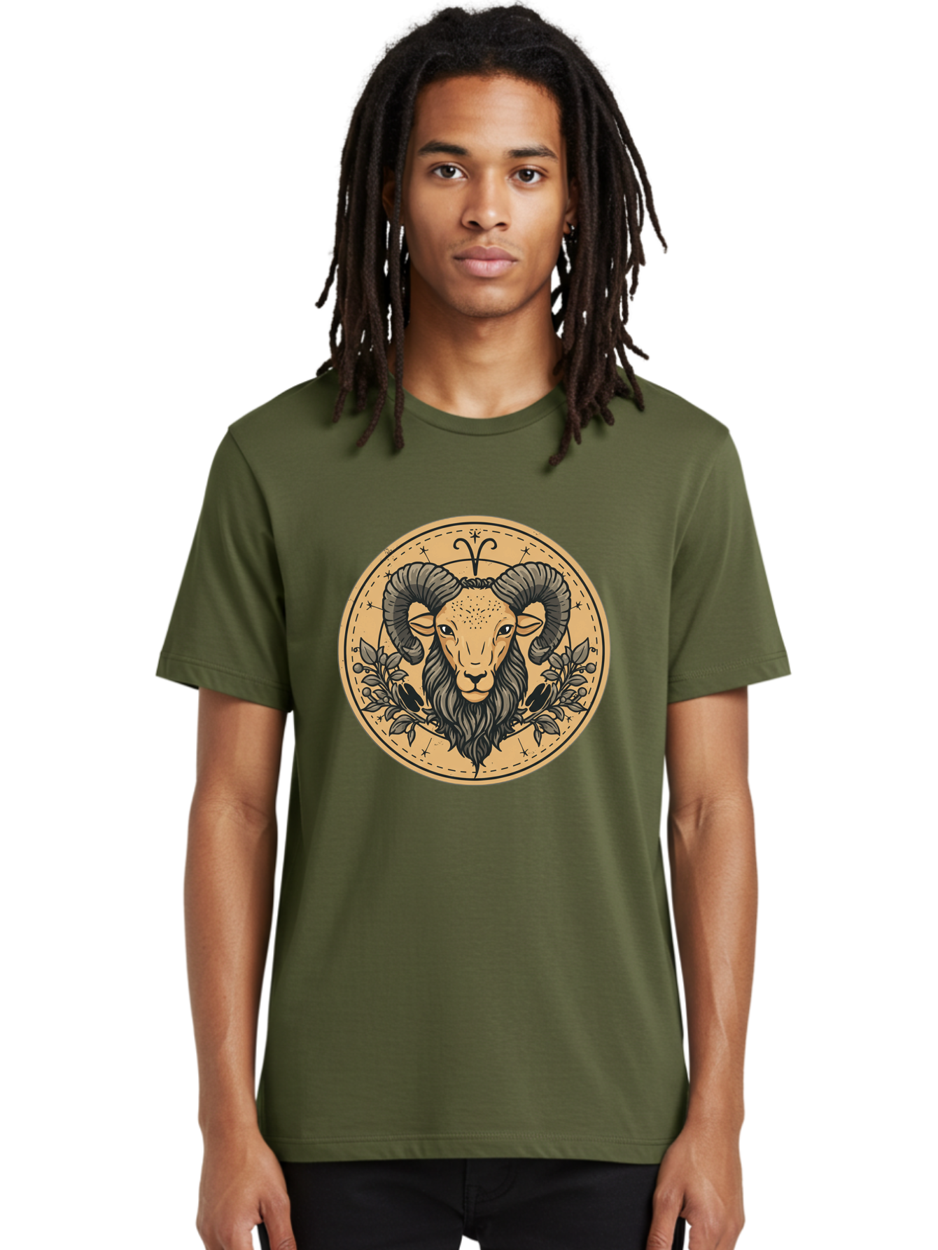 Aries-Zodiac-Sign-1 Men'S Graphic Tee, 100% Cotton, Comfortable Casual Summer Wear, Machine Washable, Aries Zodiac Sign, Ram Symbol, Astrological Illustration, Black And Beige Design, Floral Elements, Stars And Constellations, Bae119 30