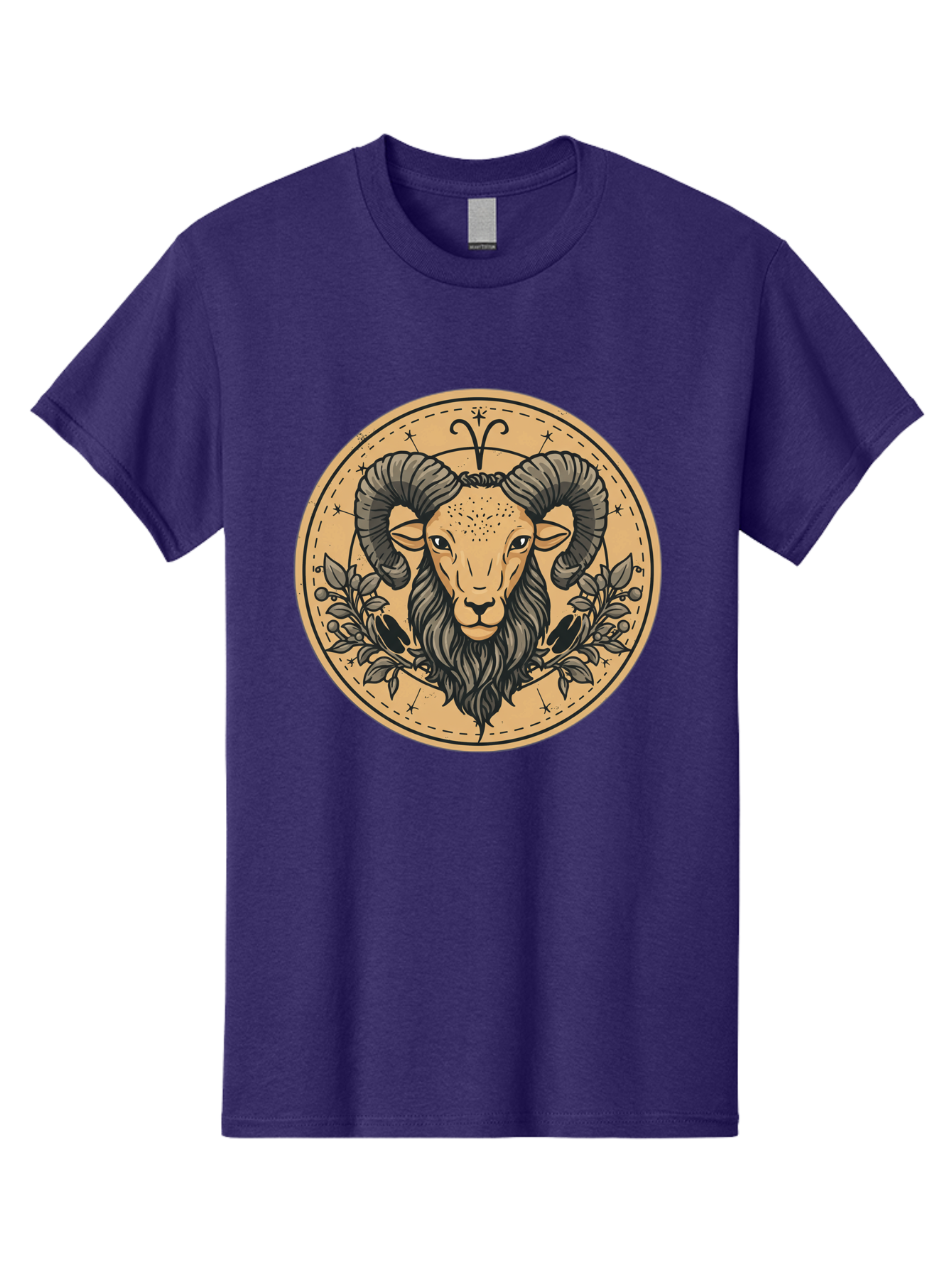 Aries-Zodiac-Sign-1 Men'S Graphic Tee, 100% Cotton, Comfortable Casual Summer Wear, Machine Washable, Aries Zodiac Sign, Ram Symbol, Astrological Illustration, Black And Beige Design, Floral Elements, Stars And Constellations, Bae119 1