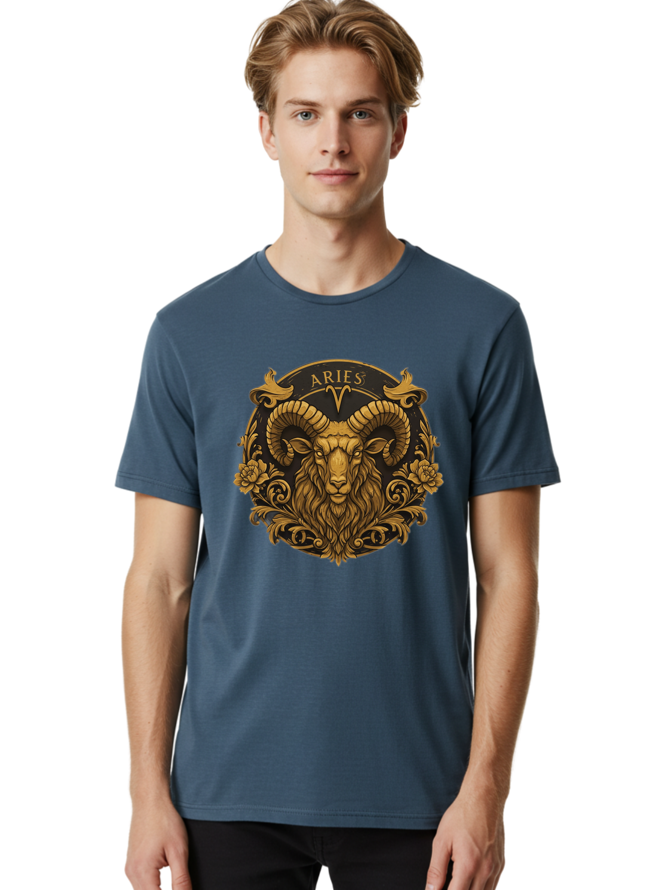 Aries-Zodiac-Sign Men'S Graphic Tee, 100% Cotton, Comfortable Casual Summer Wear, Machine Washable, Golden Ram Head, Aries Symbol, Zodiac Sign, Horoscope, Astrology, Mystical, Mystical Creatures, Gold Ornamentation, Floral Patterns, Bae120 28