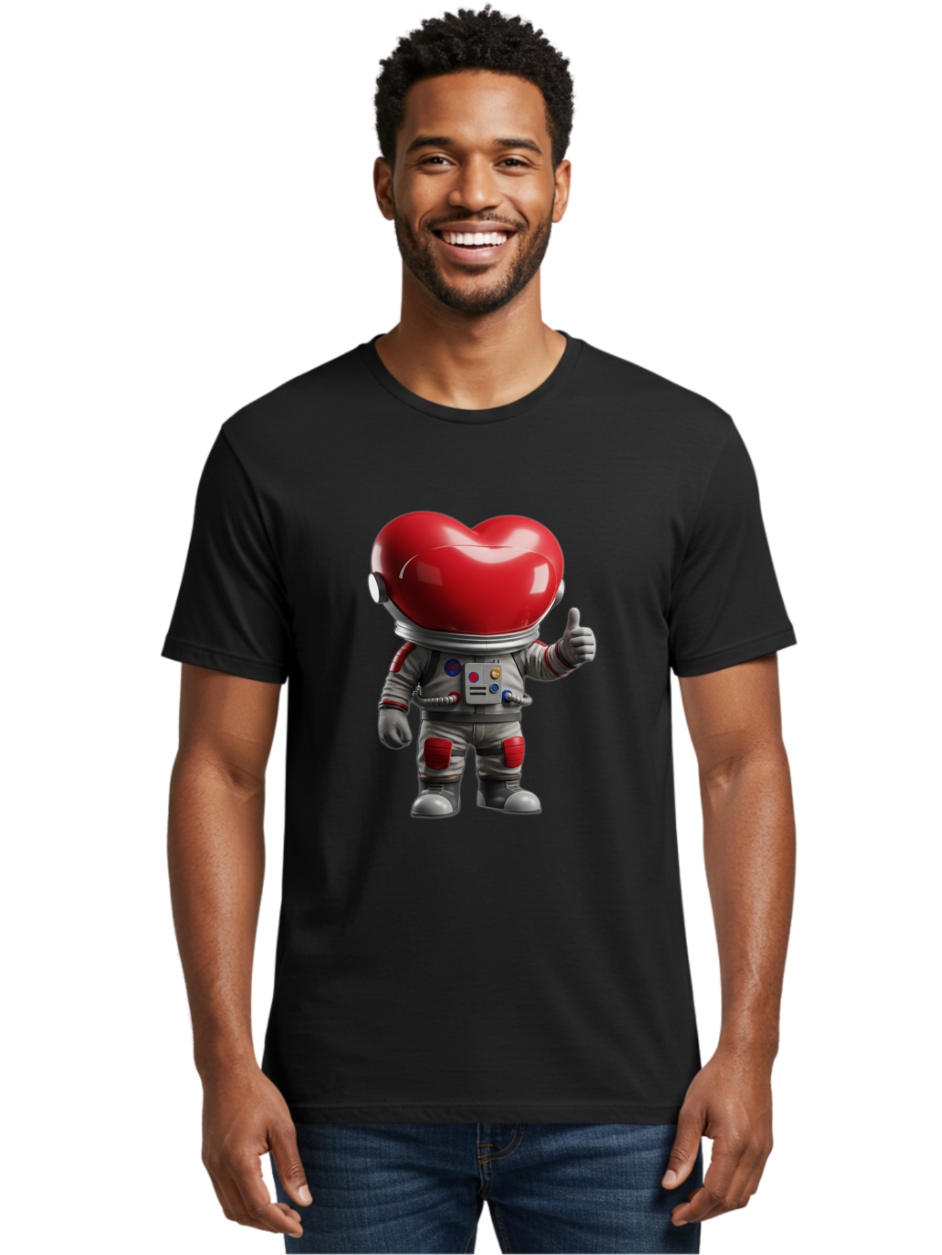 Astronaut-Heart Men'S Graphic Tee, 100% Cotton, Comfortable Casual Summer Wear, Machine Washable, Astronaut With Heart-Shaped Helmet, Thumbs Up Gesture, Space Suit, Futuristic Design, Red And Gray Colors, Love In Space, Positivity, Approval Bae122 18
