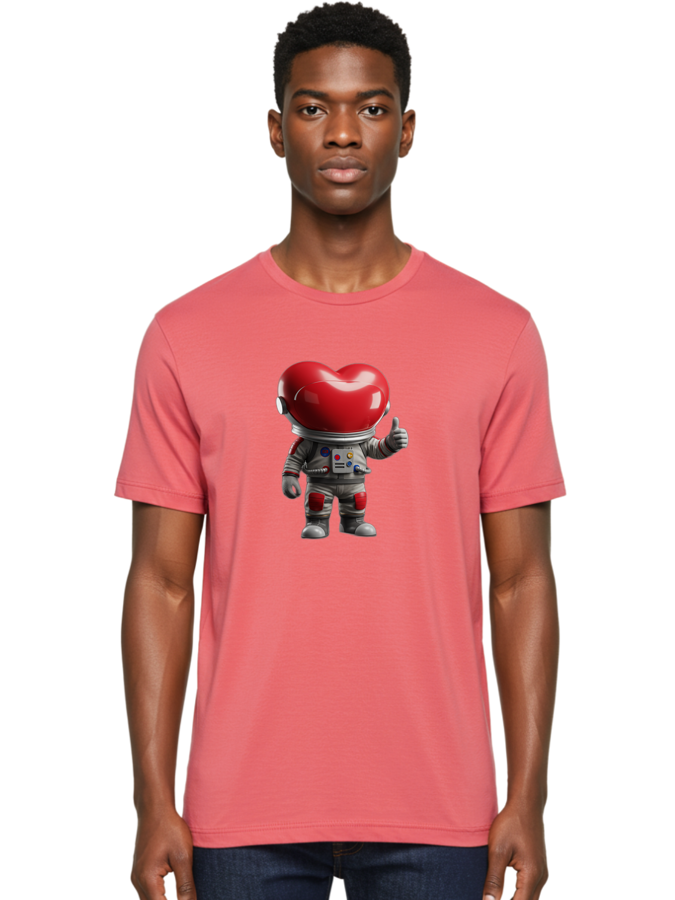 Astronaut-Heart Men'S Graphic Tee, 100% Cotton, Comfortable Casual Summer Wear, Machine Washable, Astronaut With Heart-Shaped Helmet, Thumbs Up Gesture, Space Suit, Futuristic Design, Red And Gray Colors, Love In Space, Positivity, Approval Bae122 29