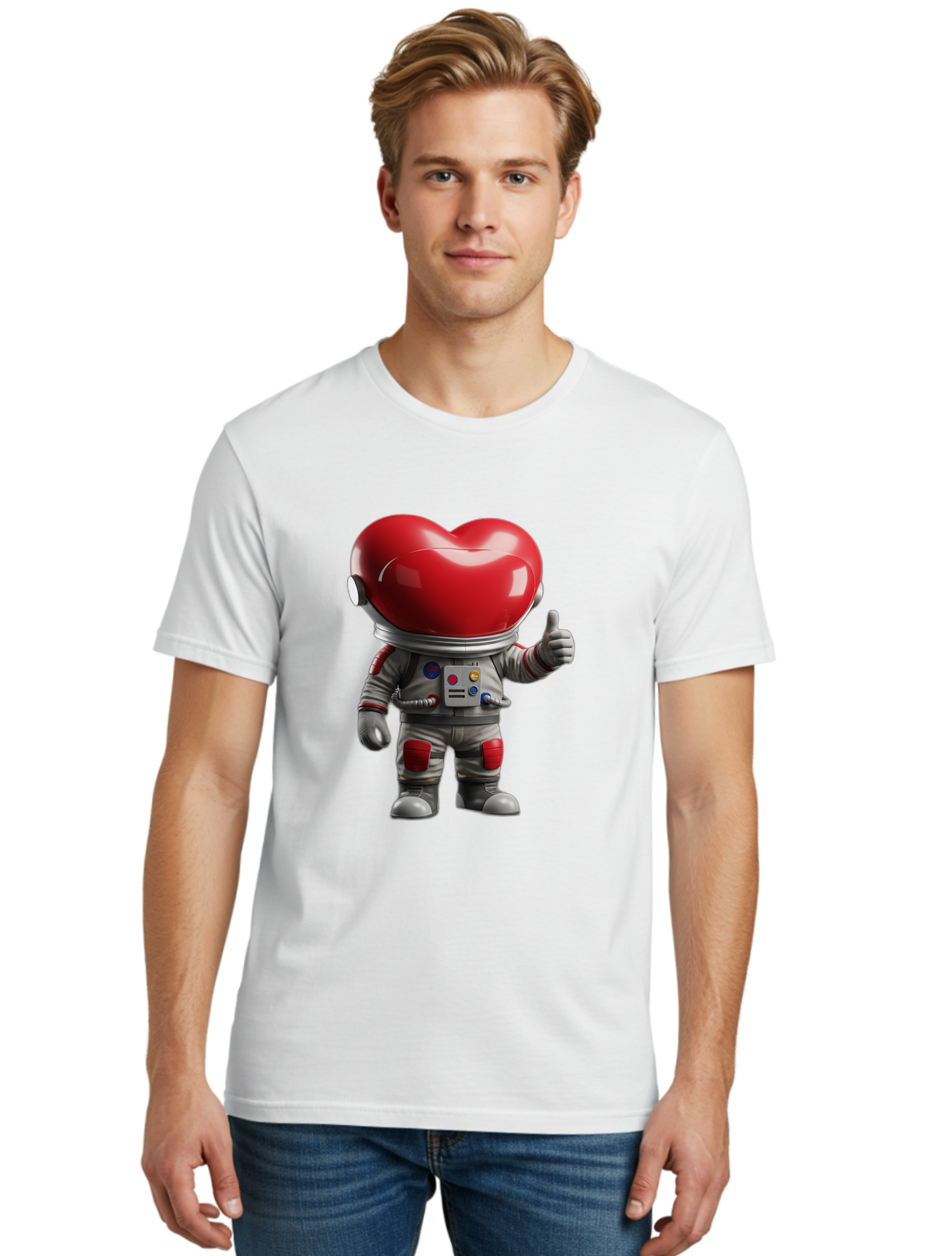 Astronaut-Heart Men'S Graphic Tee, 100% Cotton, Comfortable Casual Summer Wear, Machine Washable, Astronaut With Heart-Shaped Helmet, Thumbs Up Gesture, Space Suit, Futuristic Design, Red And Gray Colors, Love In Space, Positivity, Approval Bae122 27
