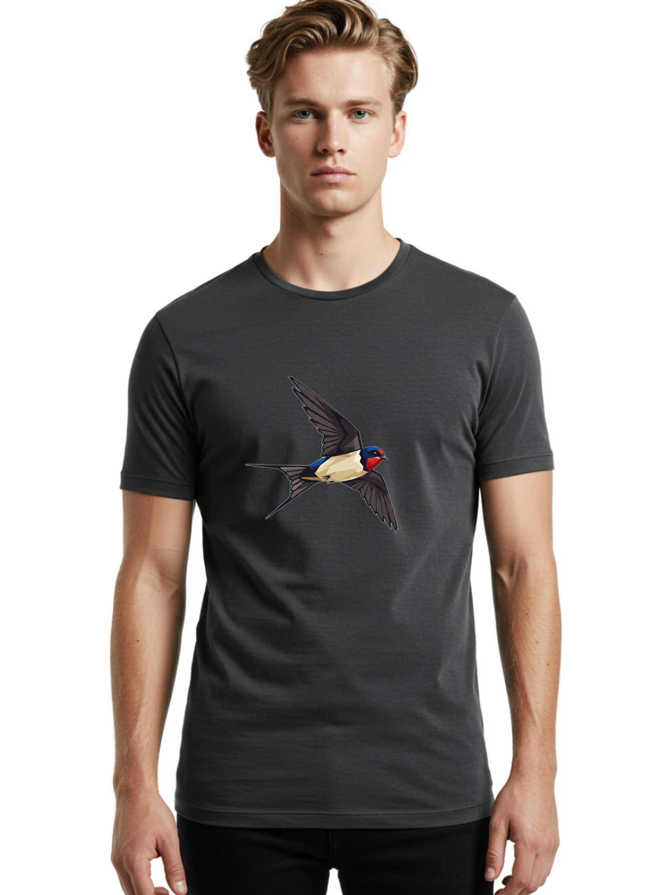 Barn-Swallow Men'S Graphic Tee, 100% Cotton, Comfortable Casual Summer Wear, Machine Washable, Swallow Bird In Flight, Bird Flying, Wings Spread, Colorful Plumage, Red Face, Blue Head, White Belly, Black Wings, Wildlife, Nature Graphics, Bae125 26