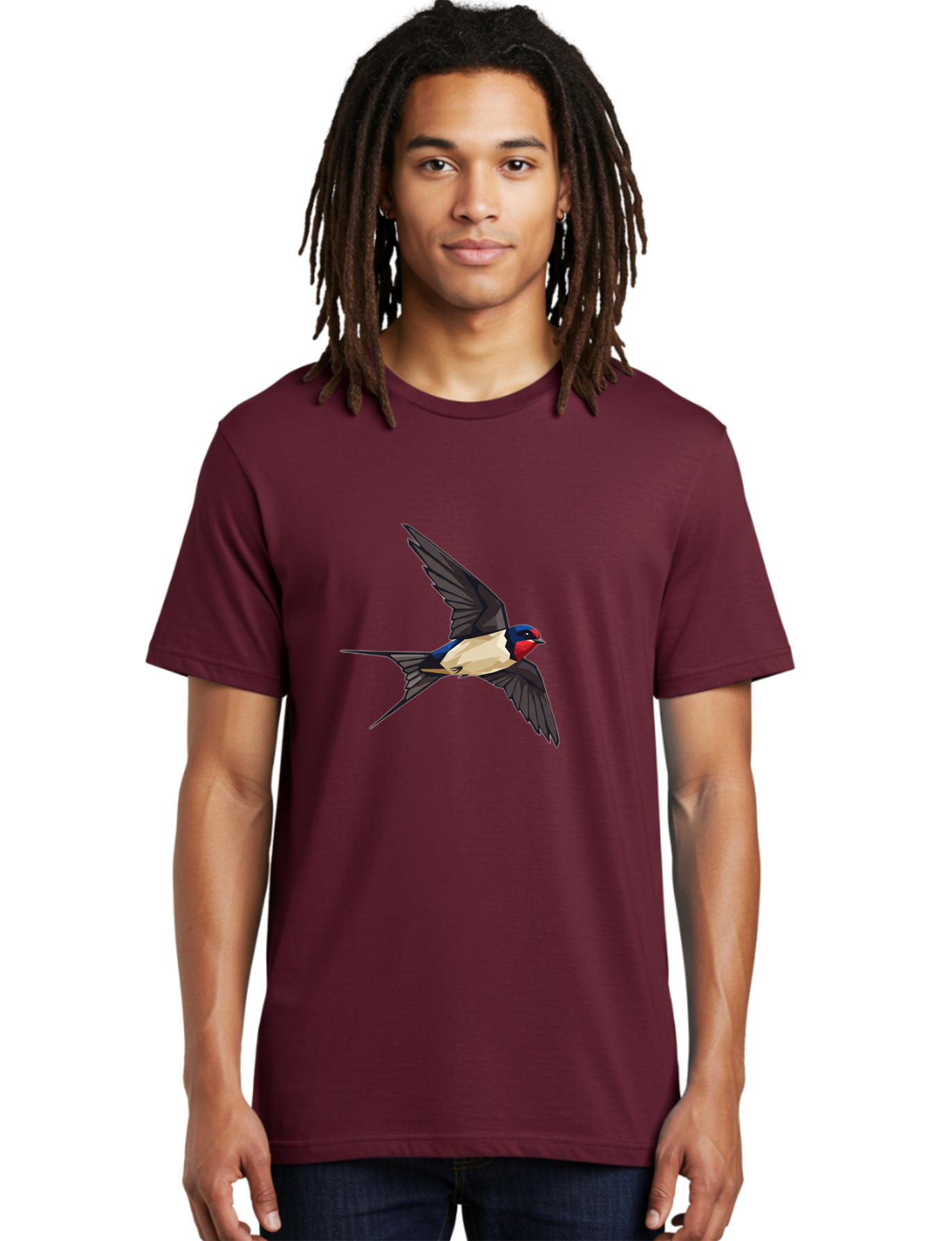 Barn-Swallow Men'S Graphic Tee, 100% Cotton, Comfortable Casual Summer Wear, Machine Washable, Swallow Bird In Flight, Bird Flying, Wings Spread, Colorful Plumage, Red Face, Blue Head, White Belly, Black Wings, Wildlife, Nature Graphics, Bae125 20