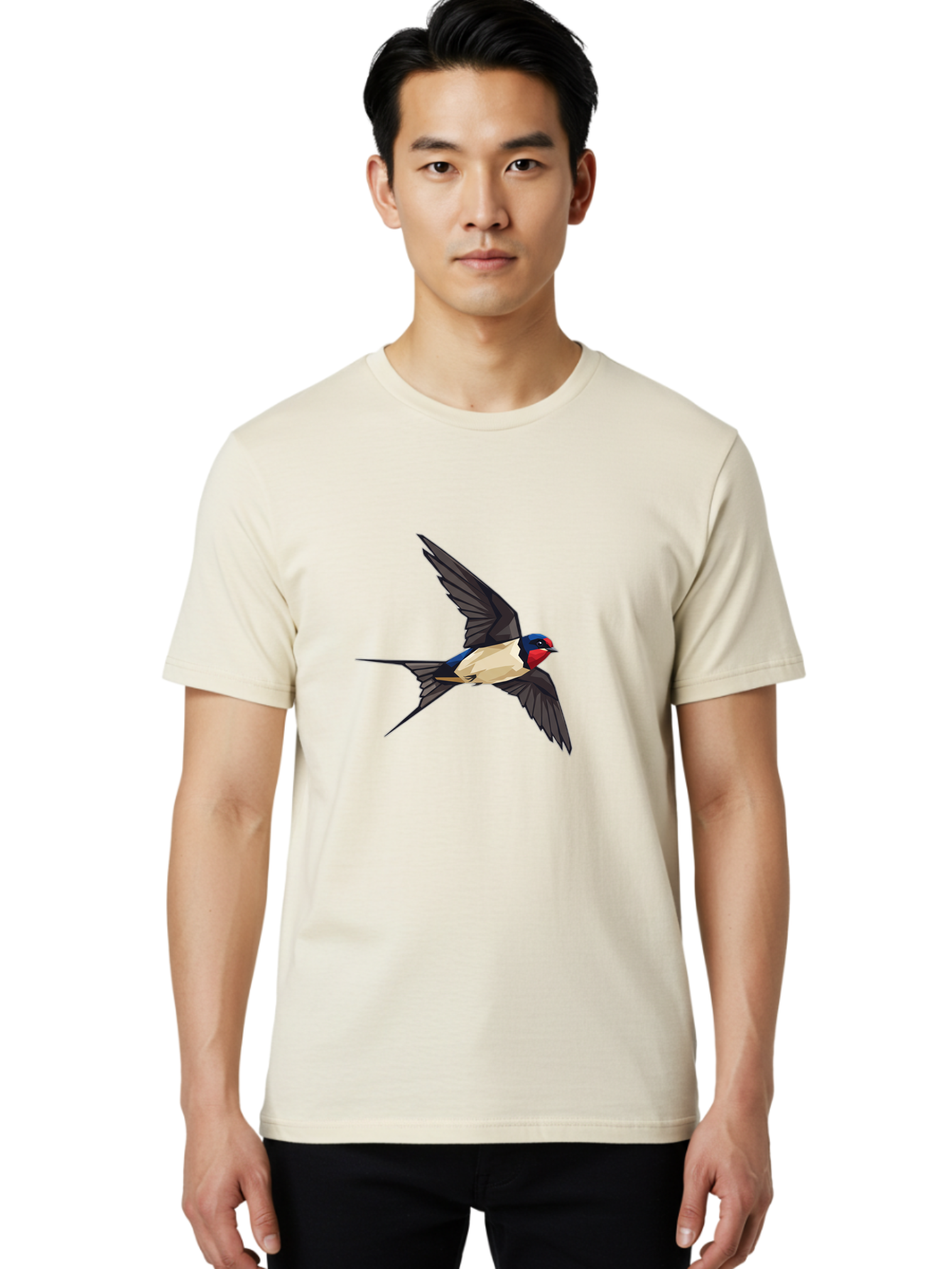 Barn-Swallow Men'S Graphic Tee, 100% Cotton, Comfortable Casual Summer Wear, Machine Washable, Swallow Bird In Flight, Bird Flying, Wings Spread, Colorful Plumage, Red Face, Blue Head, White Belly, Black Wings, Wildlife, Nature Graphics, Bae125 25