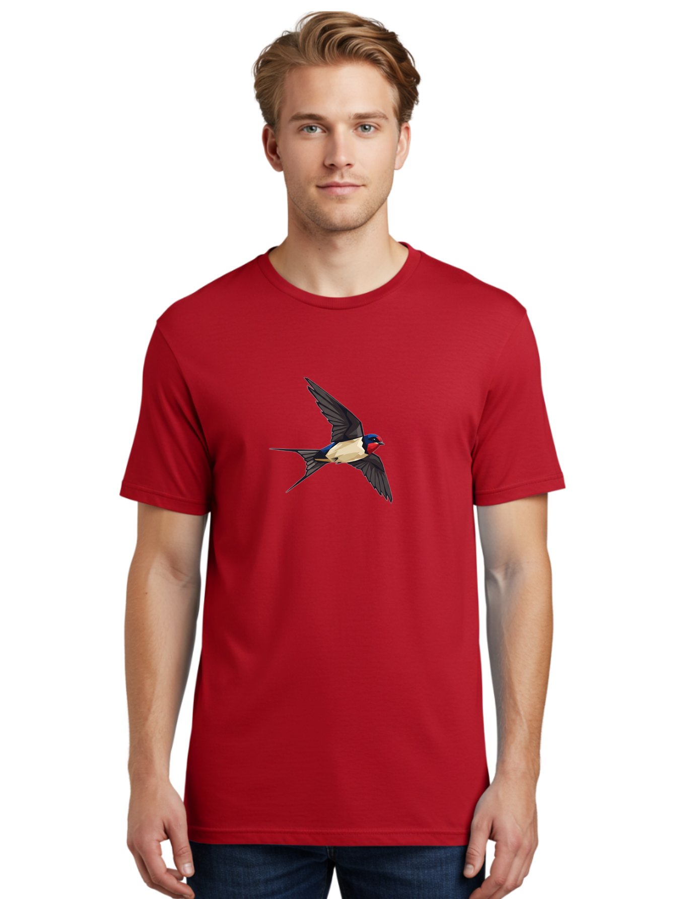Barn-Swallow Men'S Graphic Tee, 100% Cotton, Comfortable Casual Summer Wear, Machine Washable, Swallow Bird In Flight, Bird Flying, Wings Spread, Colorful Plumage, Red Face, Blue Head, White Belly, Black Wings, Wildlife, Nature Graphics, Bae125 30
