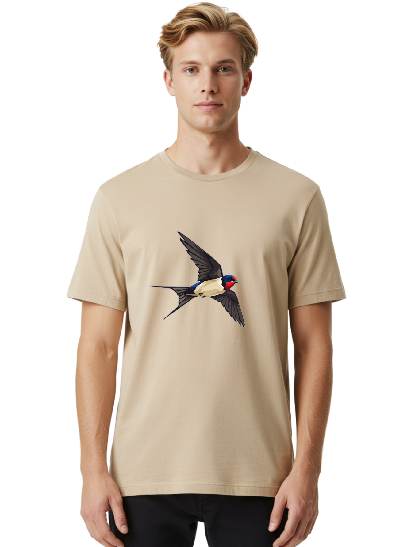 Barn-Swallow Men'S Graphic Tee, 100% Cotton, Comfortable Casual Summer Wear, Machine Washable, Swallow Bird In Flight, Bird Flying, Wings Spread, Colorful Plumage, Red Face, Blue Head, White Belly, Black Wings, Wildlife, Nature Graphics, Bae125 24