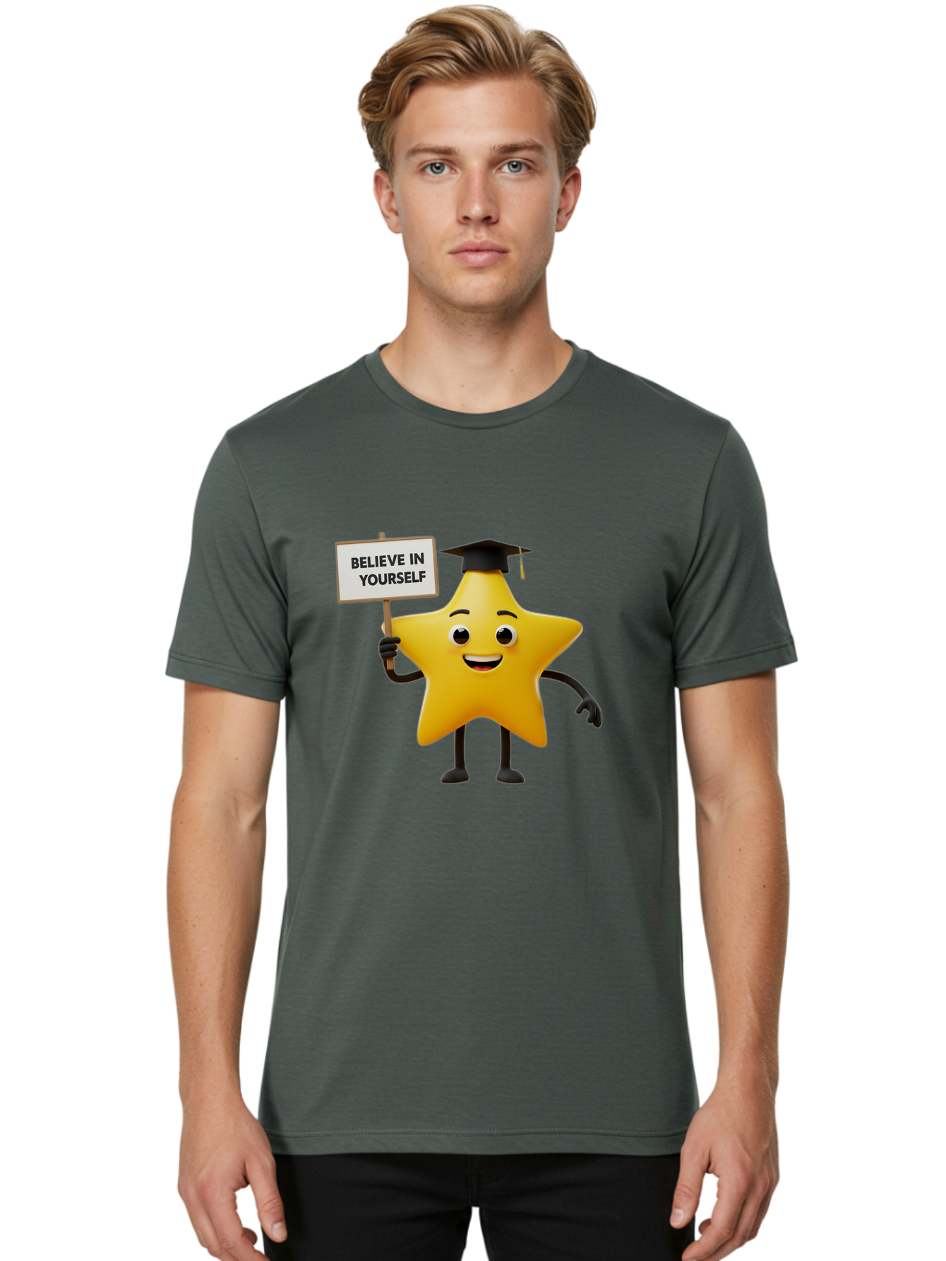 Believe-In-Yourself-10 Men'S Graphic Tee, 100% Cotton, Comfortable Casual Summer Wear, Machine Washable, Motivational Star, Inspirational Quote, Graduation Cap, Self-Confidence, Positivity, Encouragement, Yellow Star Character, Bae127 19