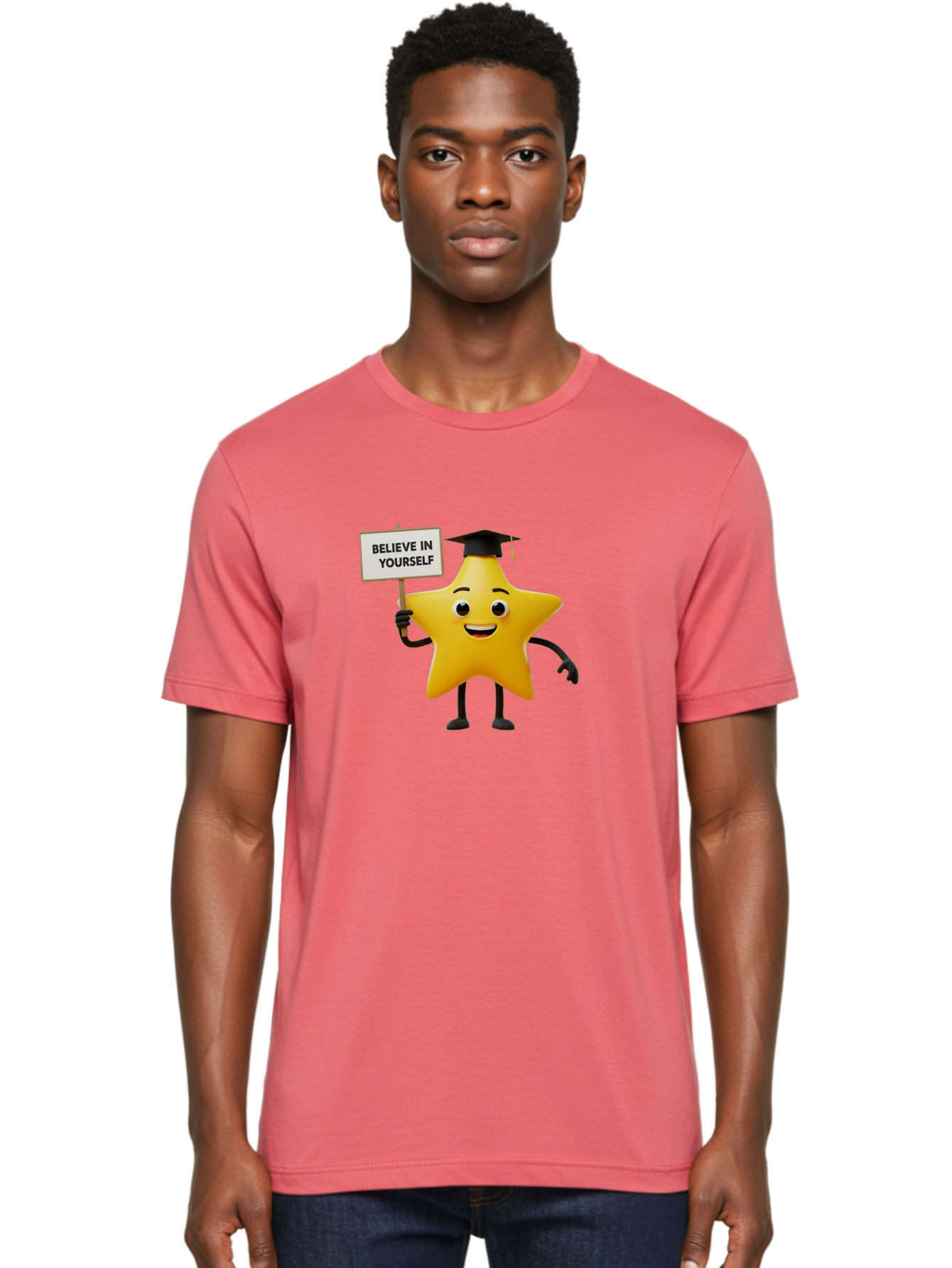 Believe-In-Yourself-10 Men'S Graphic Tee, 100% Cotton, Comfortable Casual Summer Wear, Machine Washable, Motivational Star, Inspirational Quote, Graduation Cap, Self-Confidence, Positivity, Encouragement, Yellow Star Character, Bae127 22