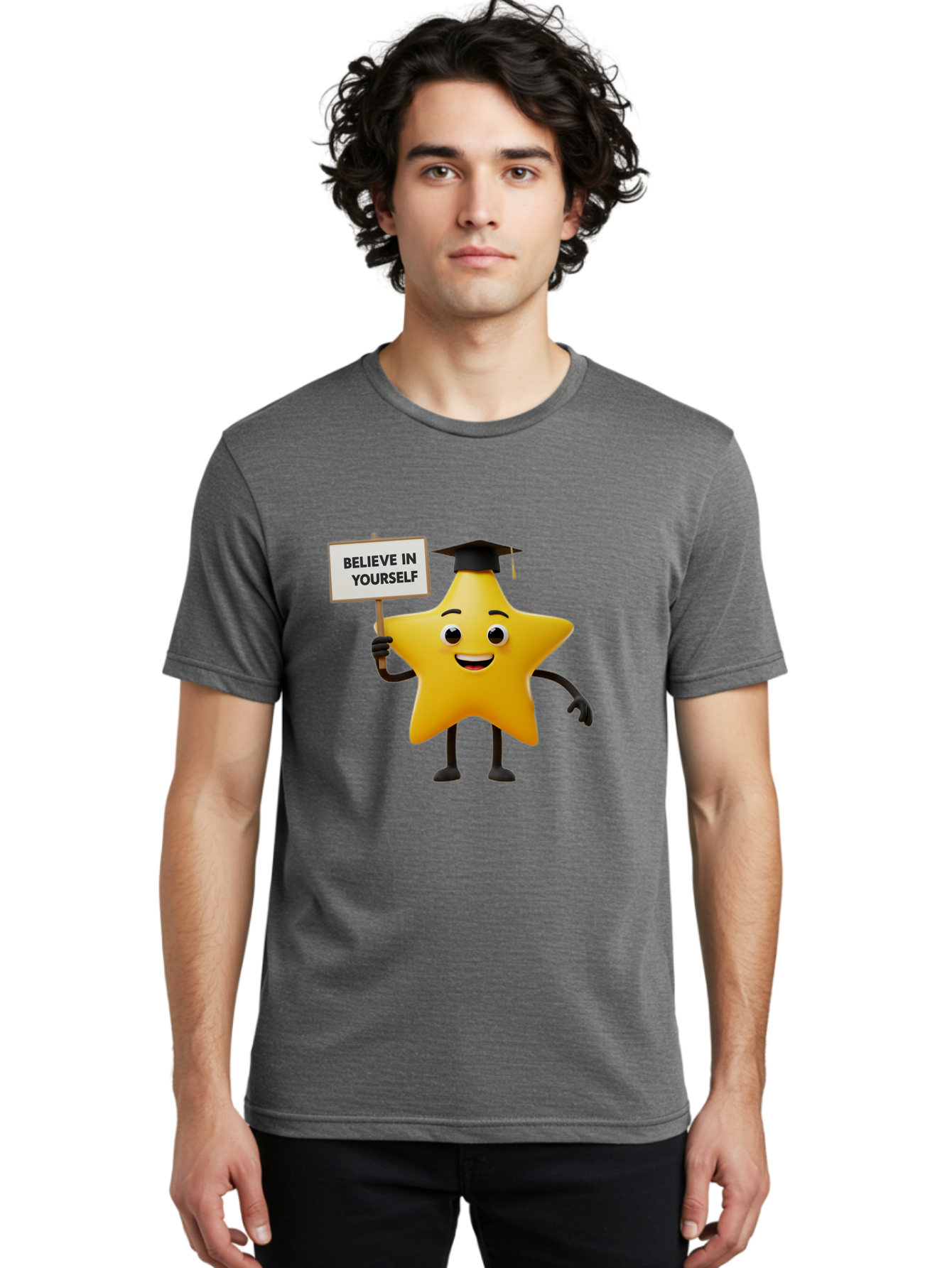 Believe-In-Yourself-10 Men'S Graphic Tee, 100% Cotton, Comfortable Casual Summer Wear, Machine Washable, Motivational Star, Inspirational Quote, Graduation Cap, Self-Confidence, Positivity, Encouragement, Yellow Star Character, Bae127 29