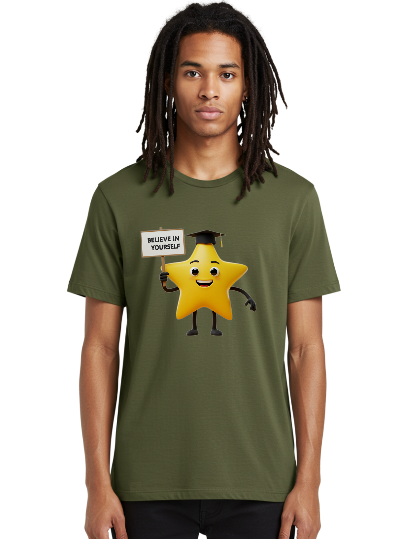 Believe-In-Yourself-10 Men'S Graphic Tee, 100% Cotton, Comfortable Casual Summer Wear, Machine Washable, Motivational Star, Inspirational Quote, Graduation Cap, Self-Confidence, Positivity, Encouragement, Yellow Star Character, Bae127 21