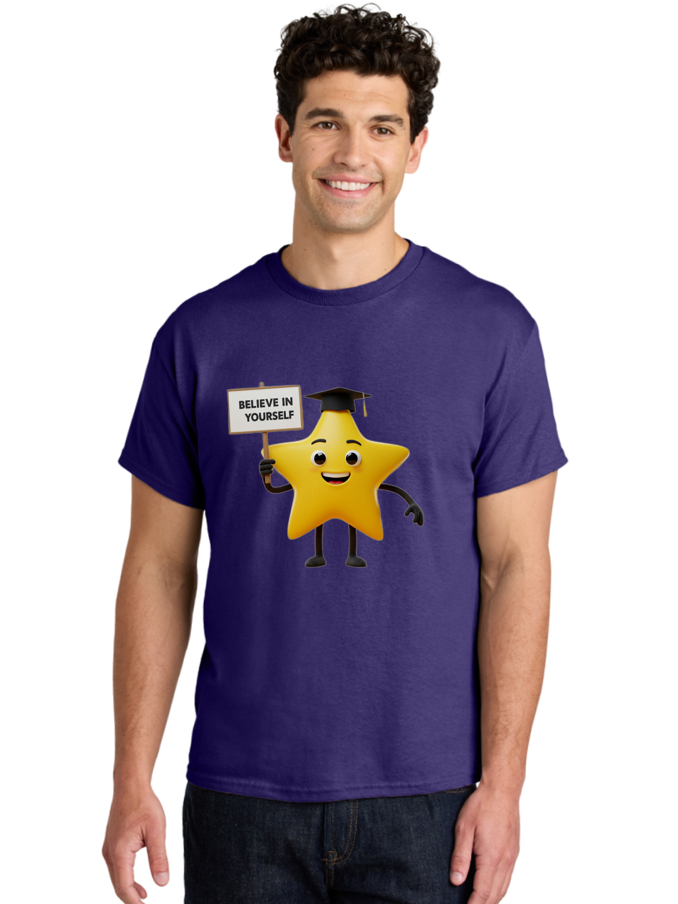 Believe-In-Yourself-10 Men'S Graphic Tee, 100% Cotton, Comfortable Casual Summer Wear, Machine Washable, Motivational Star, Inspirational Quote, Graduation Cap, Self-Confidence, Positivity, Encouragement, Yellow Star Character, Bae127 26