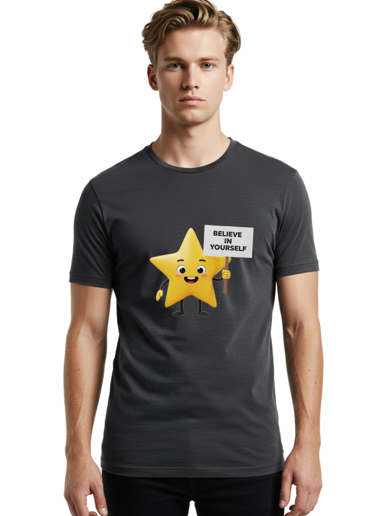 Believe-In-Yourself-3 Men'S Graphic Tee, 100% Cotton, Comfortable Casual Summer Wear, Machine Washable, Motivational Star Character, Believe In Yourself Sign, Positivity, Encouragement, Confidence Booster, Inspirational Quote, Bae129 24
