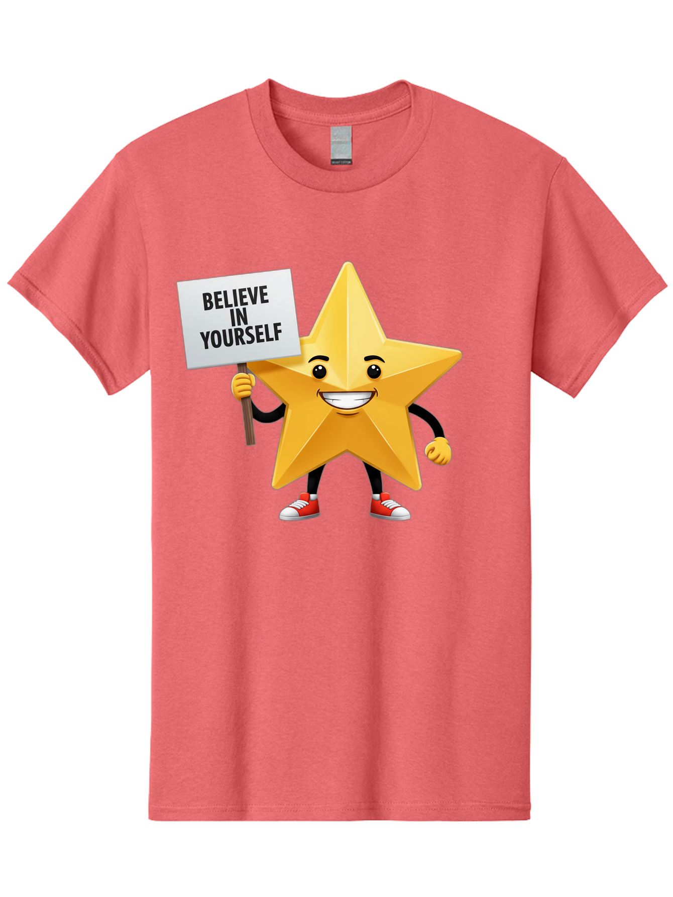 Believe-In-Yourself-6 Men'S Graphic Tee, 100% Cotton, Comfortable Casual Summer Wear, Machine Washable, Motivational Star, Inspirational Quote, Positive Message, Self-Confidence Booster, Cartoon Character, Yellow Star, Red Sneakers, Bae132 11